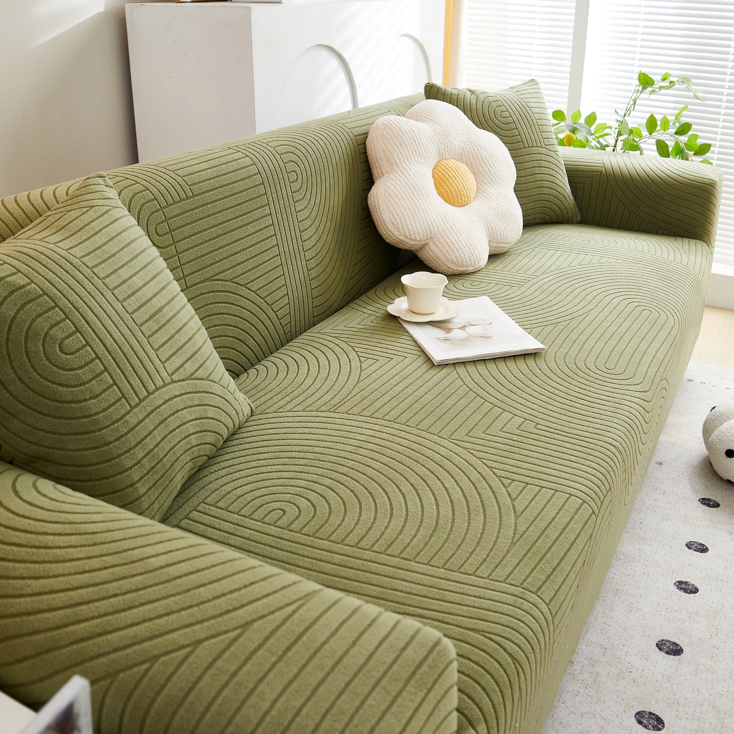 Modern green sofa with geometric patterned Fleece Stretch Sofa Slipcover Washable Soft Spandex Couch Cover Furniture Protector