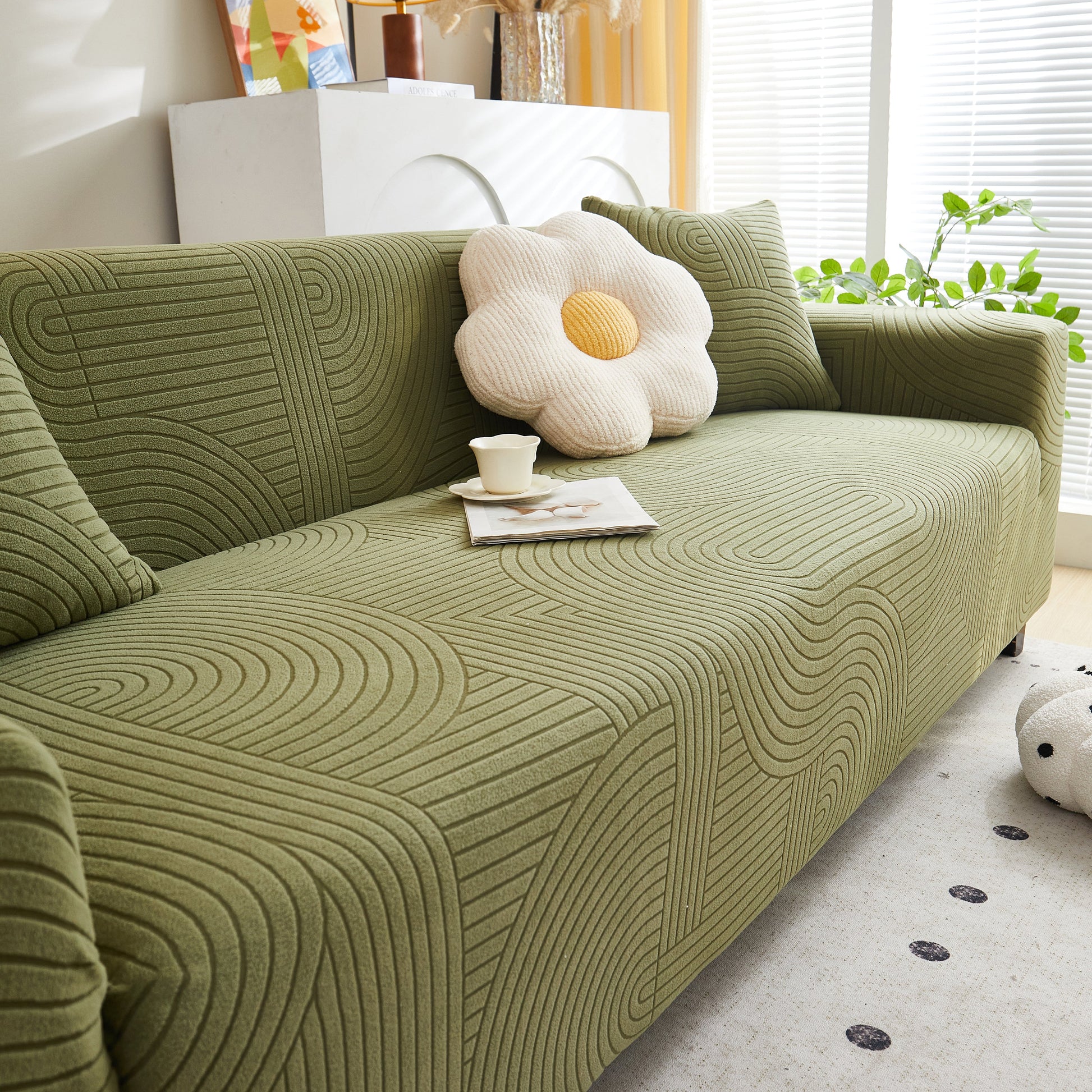 Fleece Stretch Sofa Slipcover Washable Soft Spandex Couch Cover Furniture Protector in geometric wave pattern on green sofa