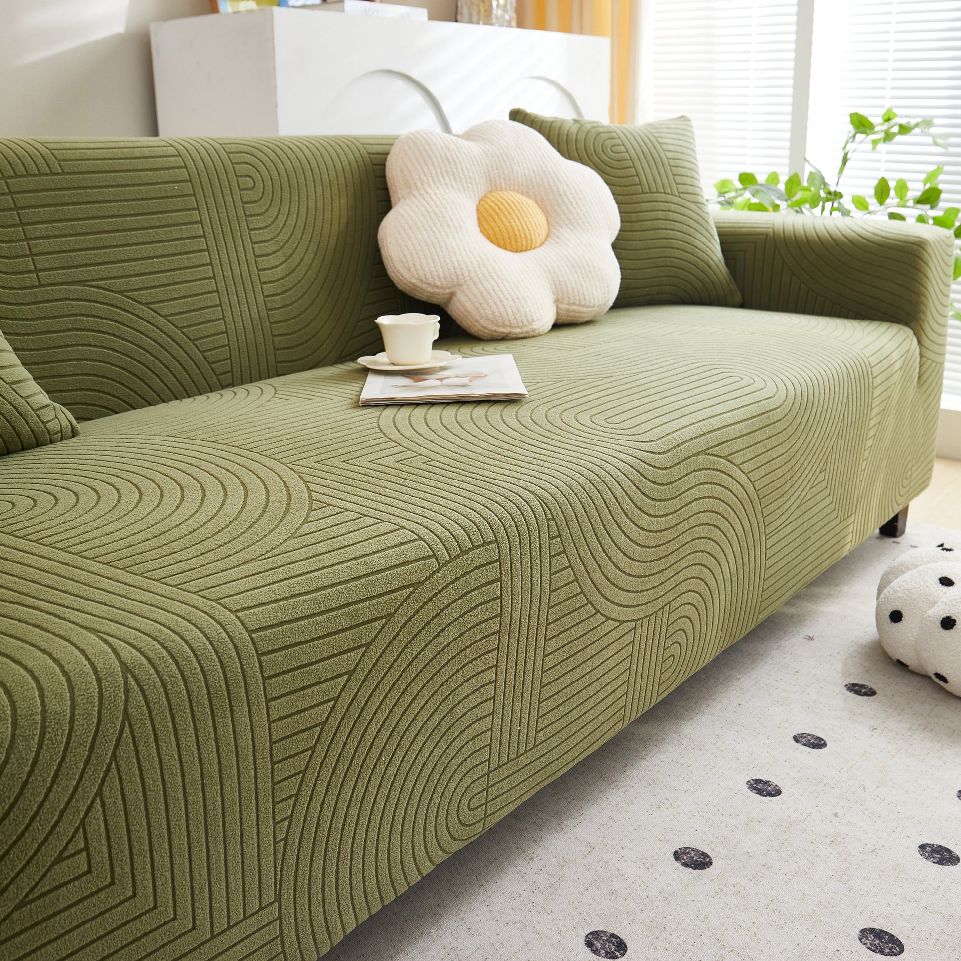 Green Fleece Stretch Sofa Slipcover Washable Soft Spandex Couch Cover Furniture Protector with modern geometric wave pattern