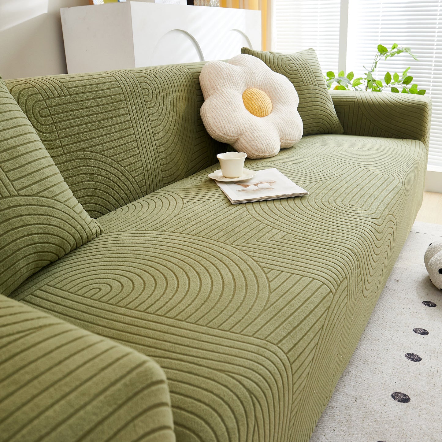 Fleece Stretch Sofa Slipcover Washable Soft Spandex Couch Cover Furniture Protector in modern geometric wave pattern on green sofa