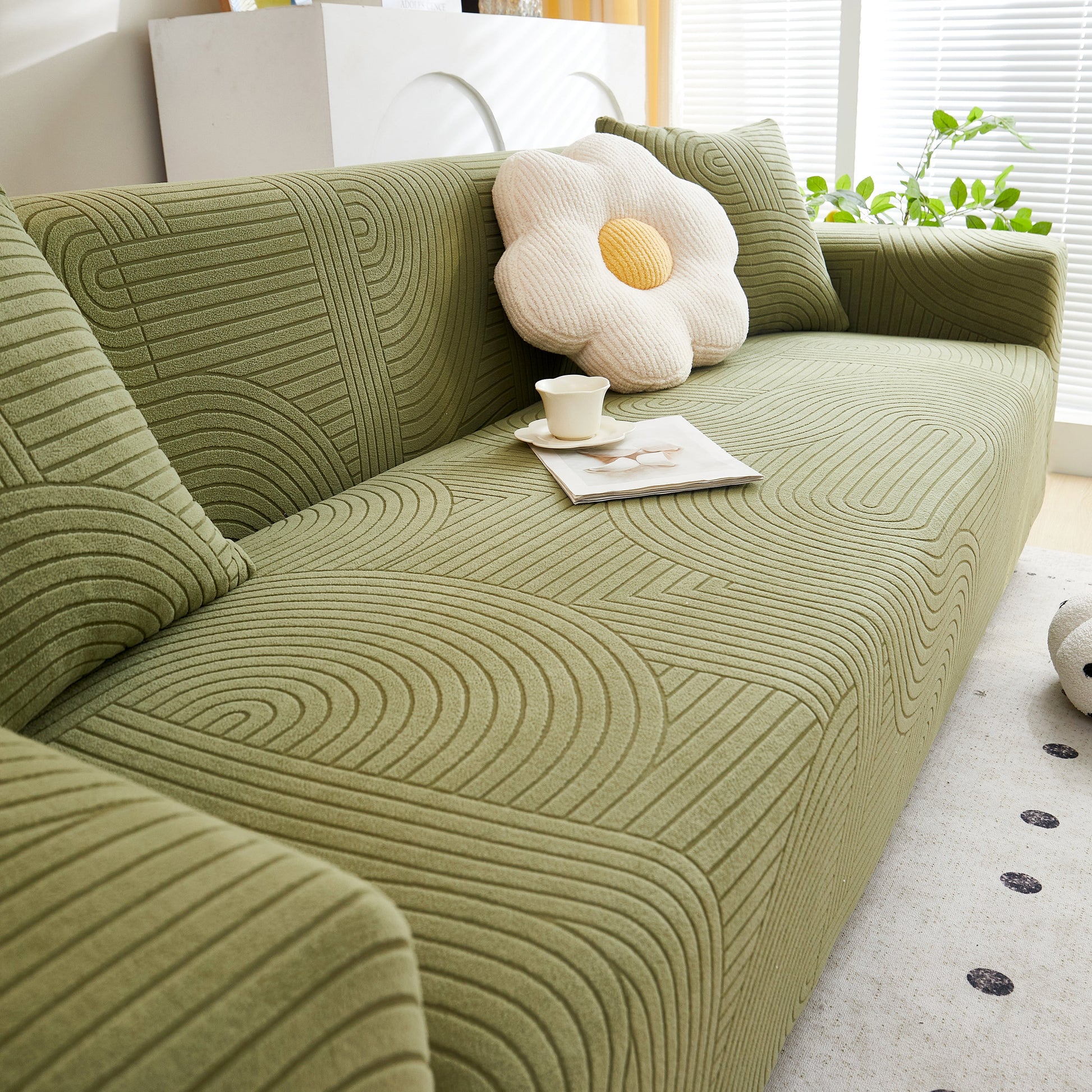 Fleece Stretch Sofa Slipcover Washable Soft Spandex Couch Cover Furniture Protector in modern geometric wave pattern on green sofa