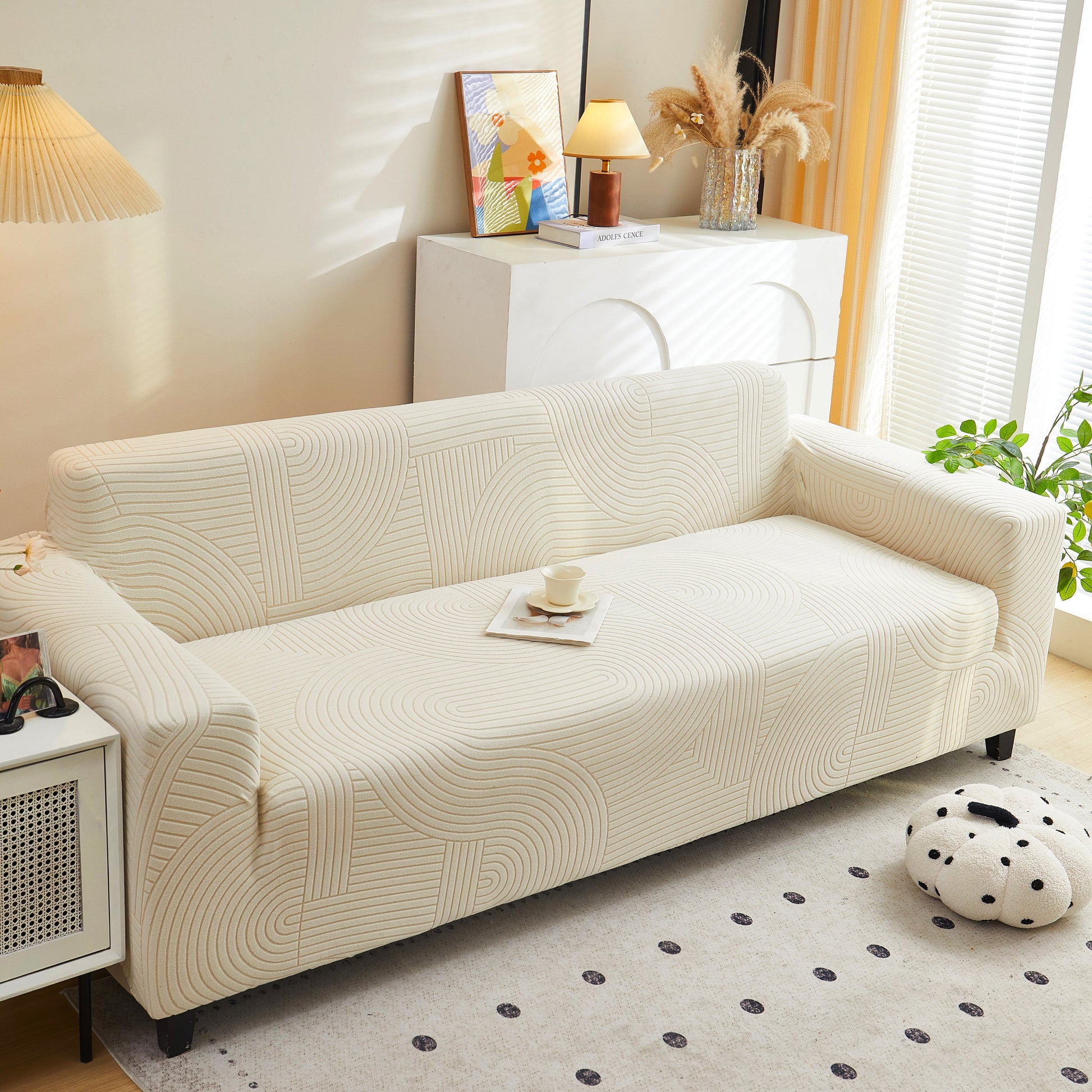 Beige Fleece Stretch Sofa Slipcover Washable Soft Spandex Couch Cover Furniture Protector on modern sofa