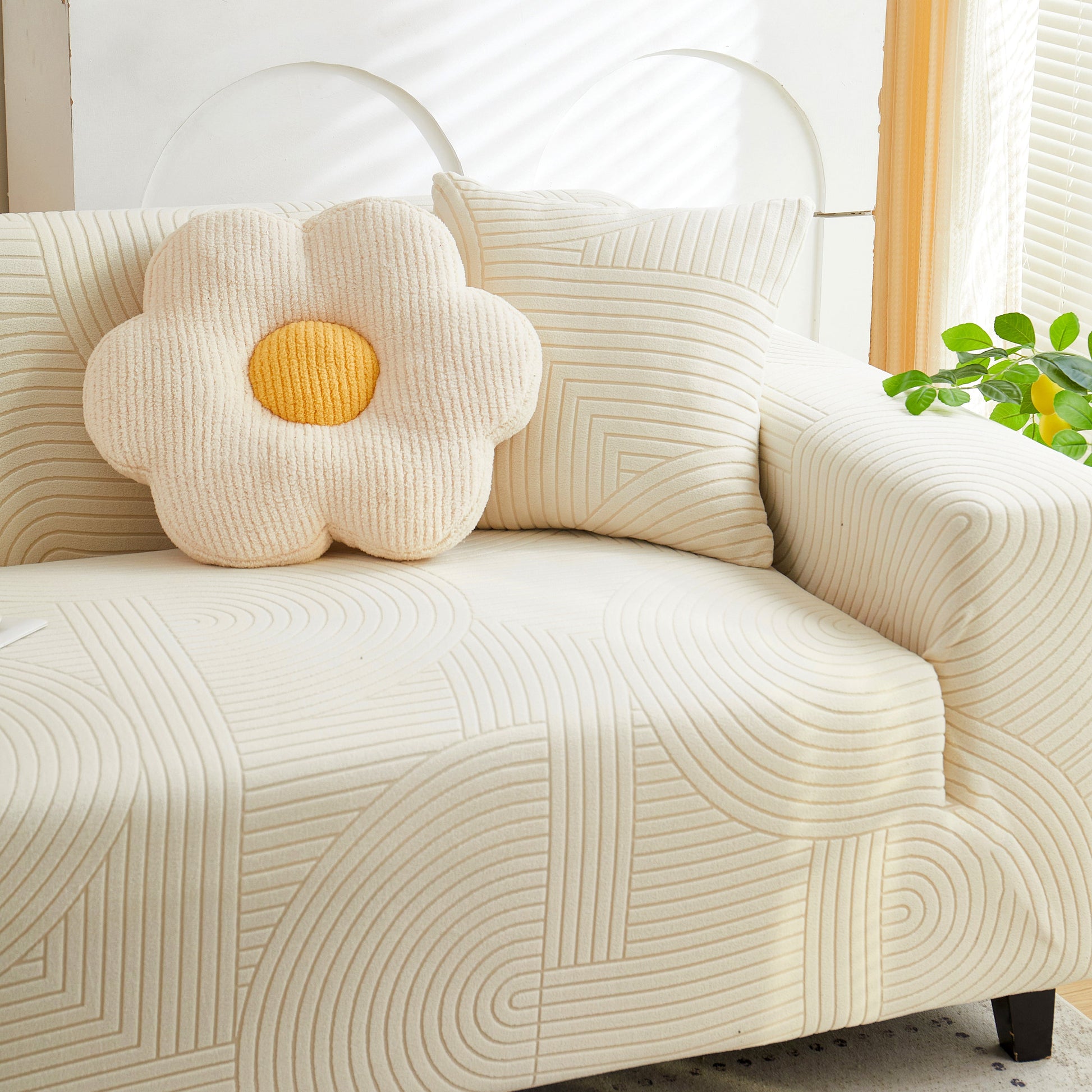 Fleece Stretch Sofa Slipcover Washable Soft Spandex Couch Cover Furniture Protector with geometric wave pattern on sofa