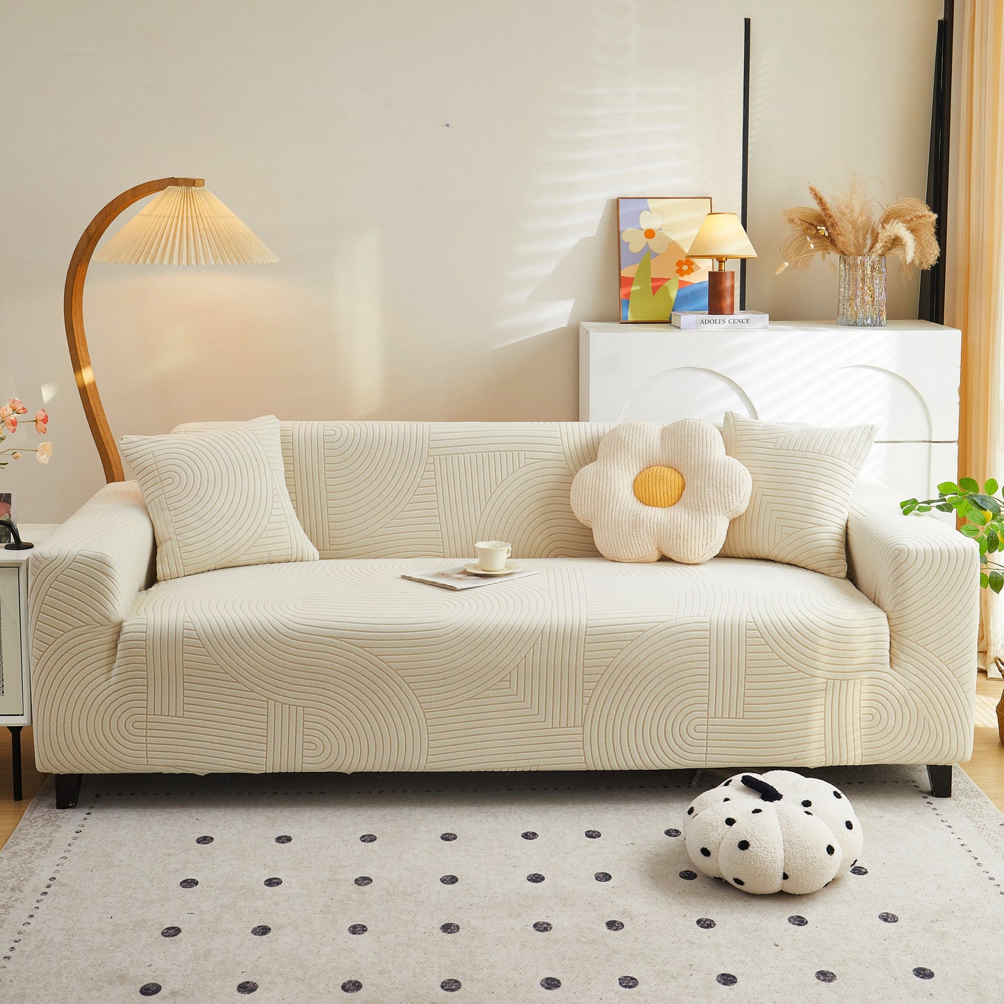 Fleece Stretch Sofa Slipcover Washable Soft Spandex Couch Cover Furniture Protector in modern living room setting