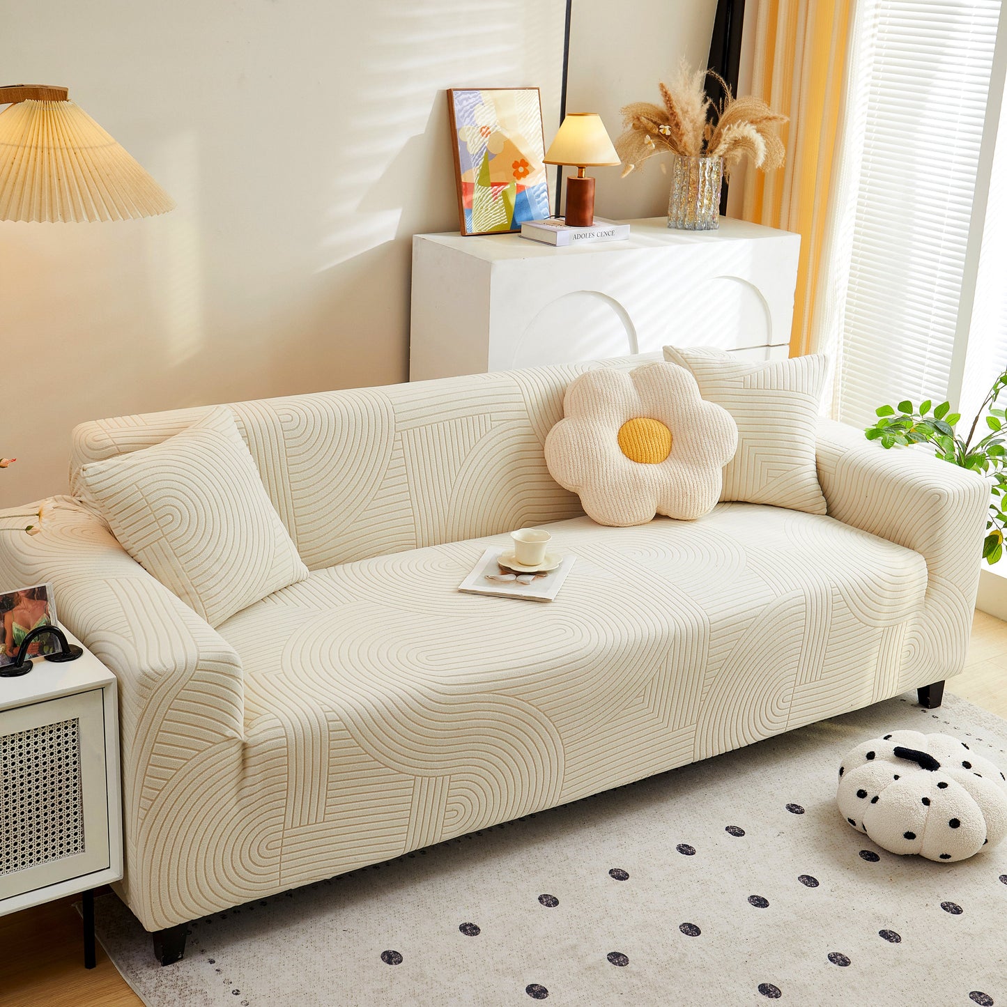 Fleece Stretch Sofa Slipcover Washable Soft Spandex Couch Cover Furniture Protector with geometric wave pattern in a living room.