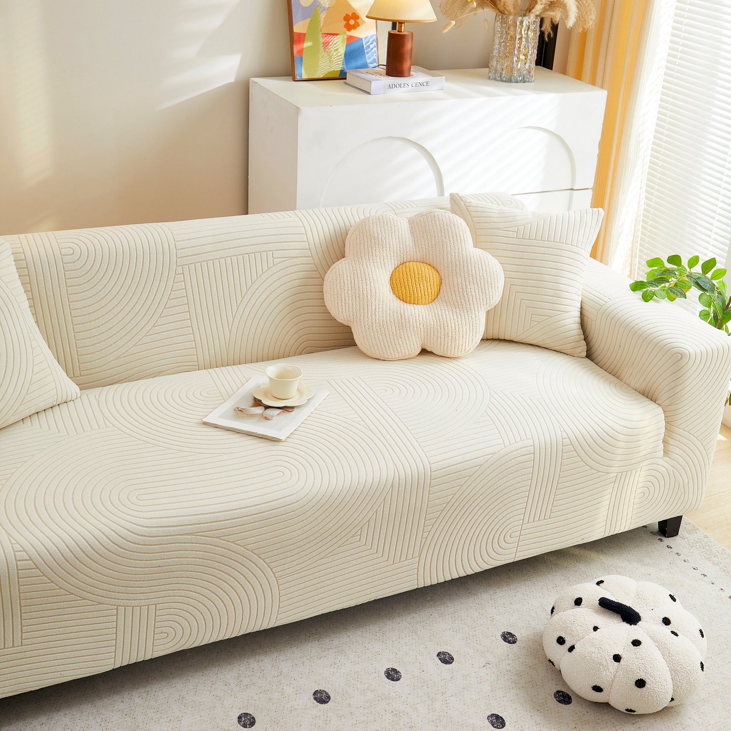 Fleece Stretch Sofa Slipcover Washable Soft Spandex Couch Cover Furniture Protector with modern geometric wave pattern on couch