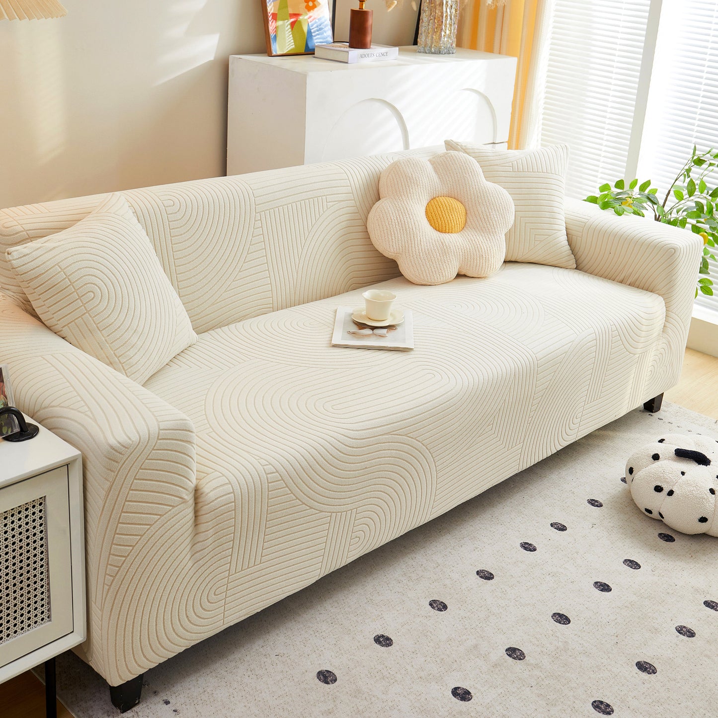 Fleece Stretch Sofa Slipcover Washable Soft Spandex Couch Cover Furniture Protector in modern geometric wave pattern