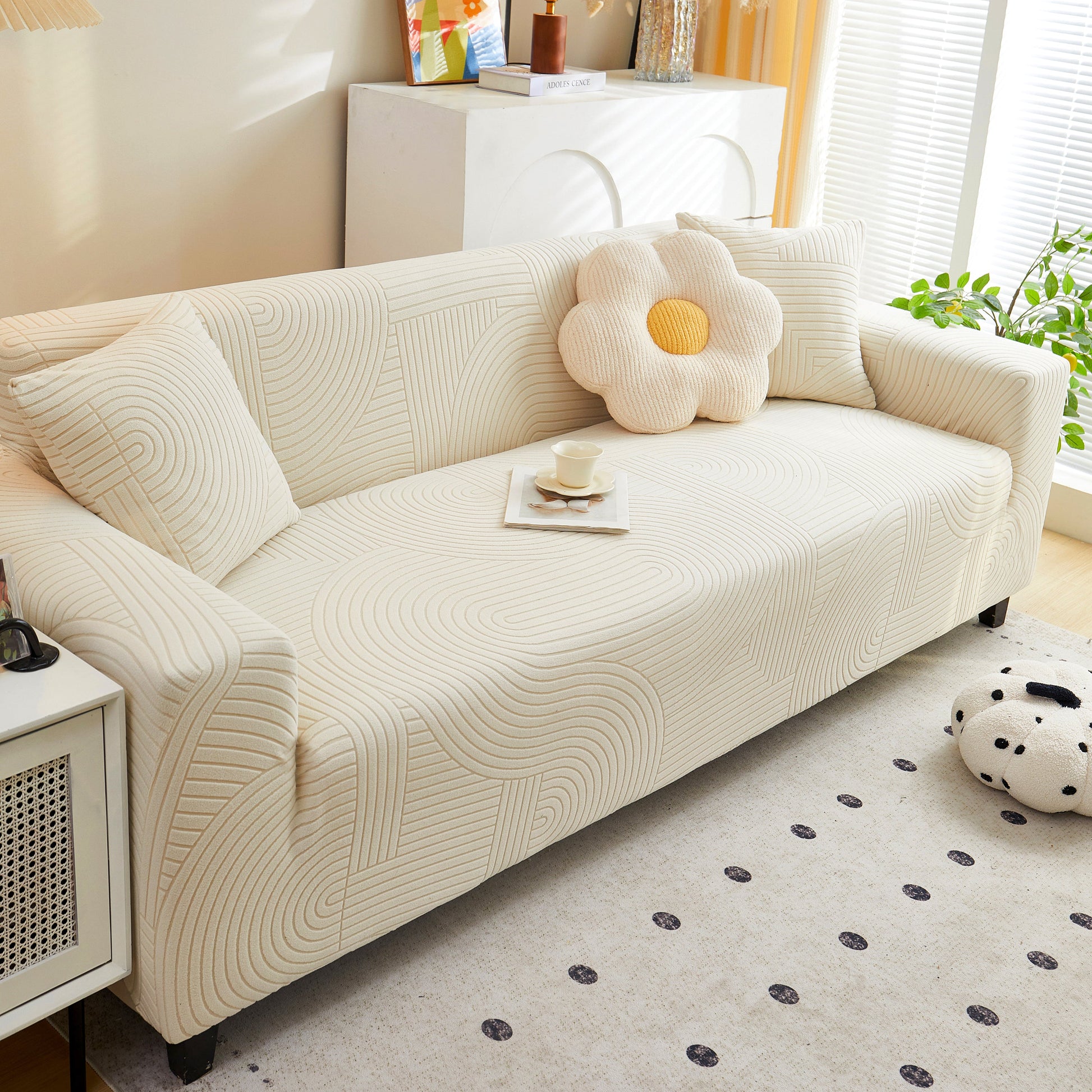 Fleece Stretch Sofa Slipcover Washable Soft Spandex Couch Cover Furniture Protector in modern geometric wave pattern