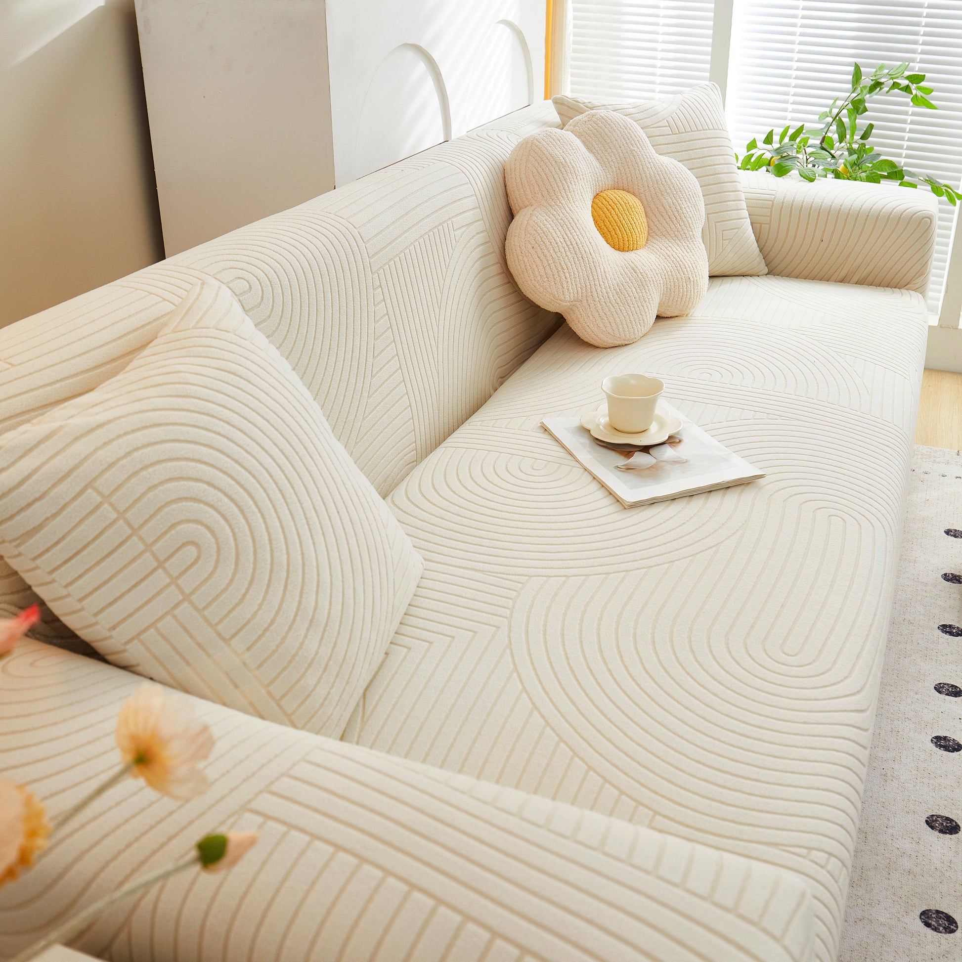 Fleece Stretch Sofa Slipcover Washable Soft Spandex Couch Cover Furniture Protector with geometric wave pattern