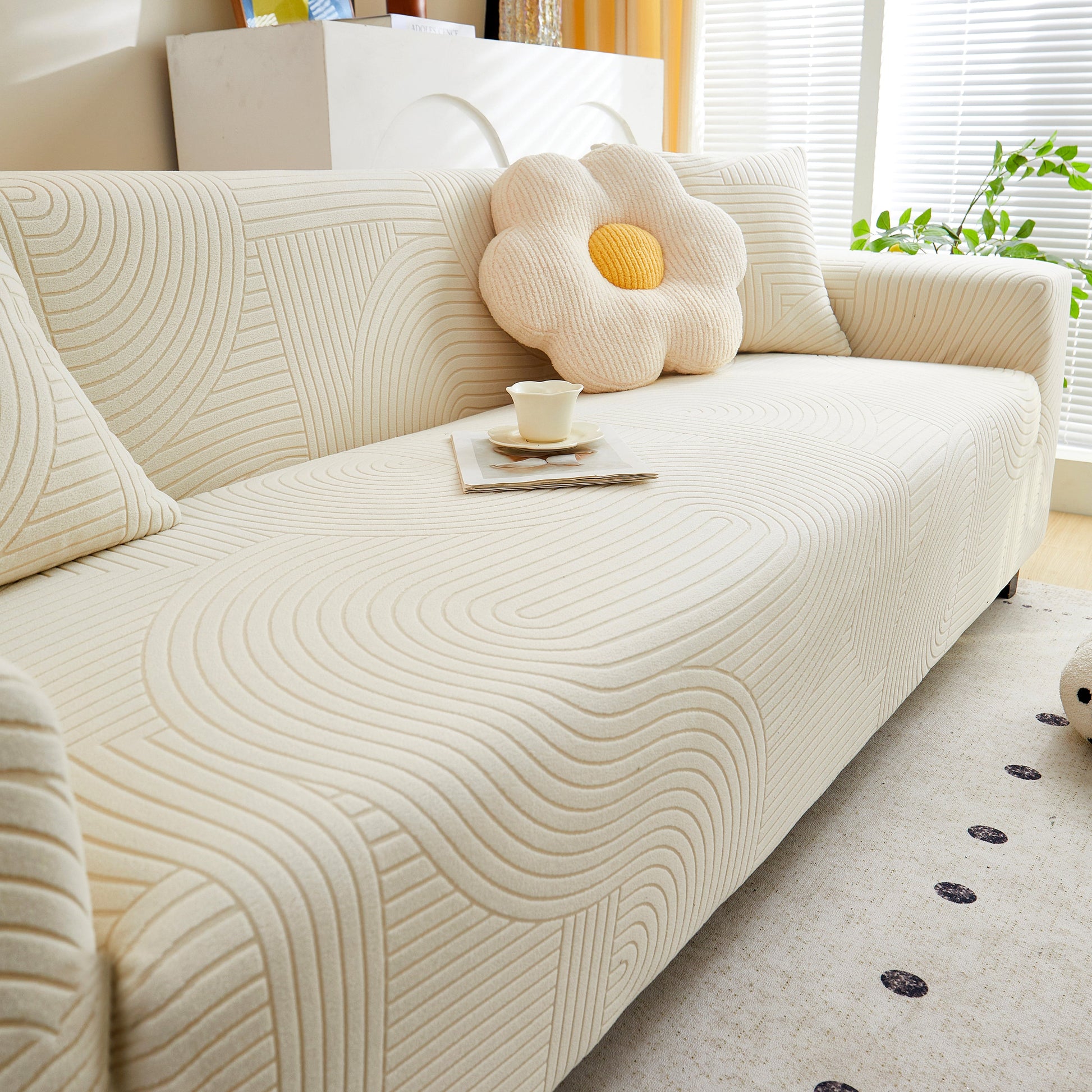 Fleece Stretch Sofa Slipcover Washable Soft Spandex Couch Cover Furniture Protector with geometric wave pattern on sofa