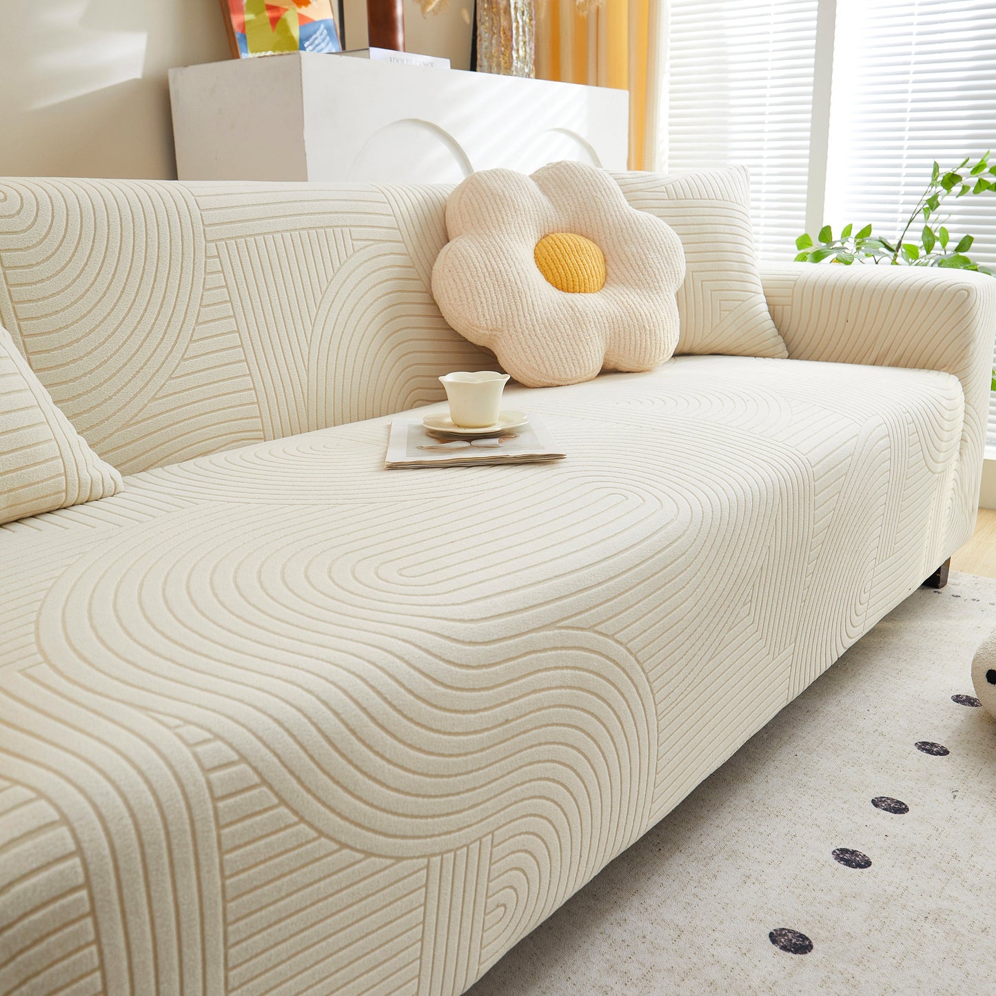 Fleece Stretch Sofa Slipcover Washable Soft Spandex Couch Cover Furniture Protector with modern geometric wave pattern
