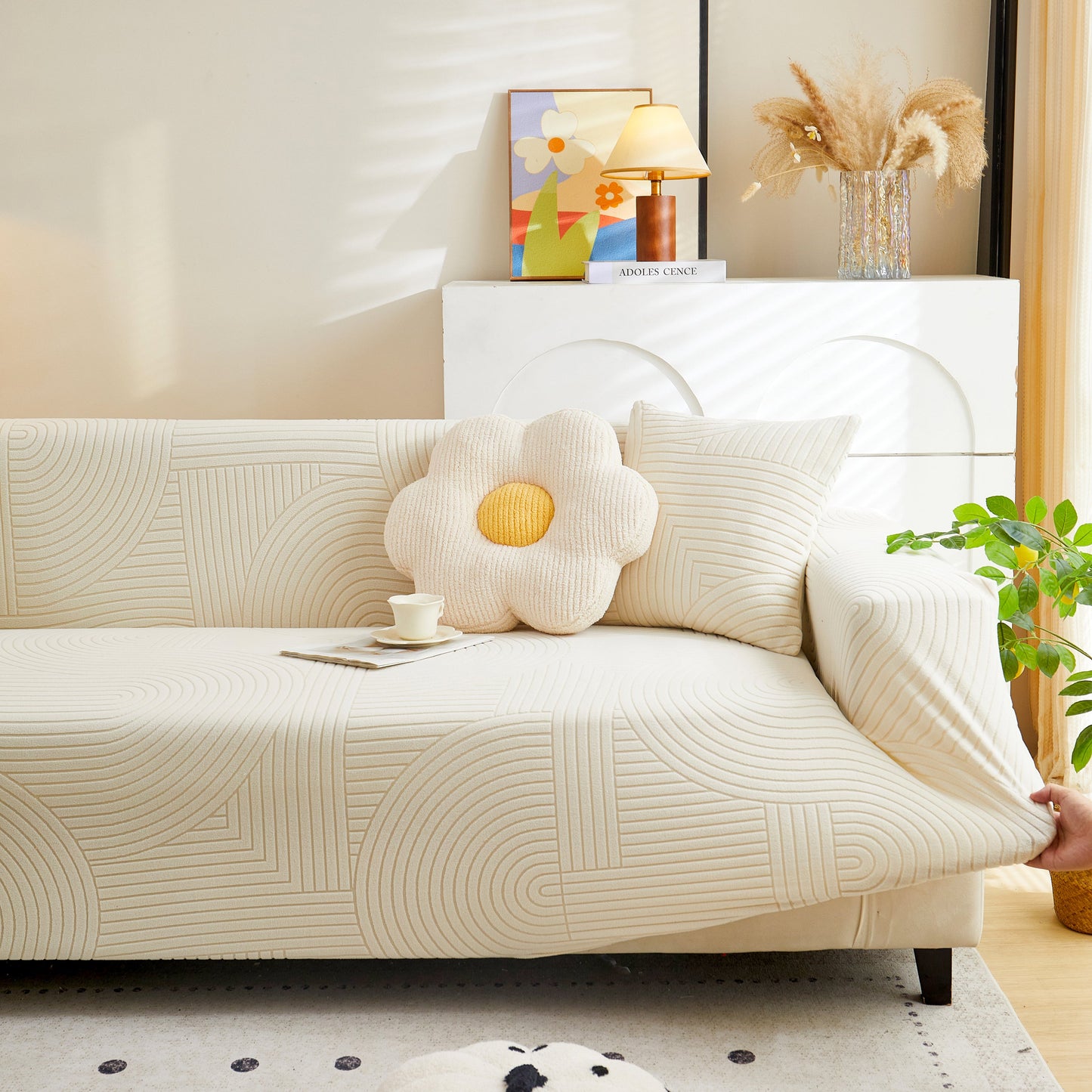 Fleece Stretch Sofa Slipcover Washable Soft Spandex Couch Cover Furniture Protector fitting on a modern sofa, geometric wave pattern.