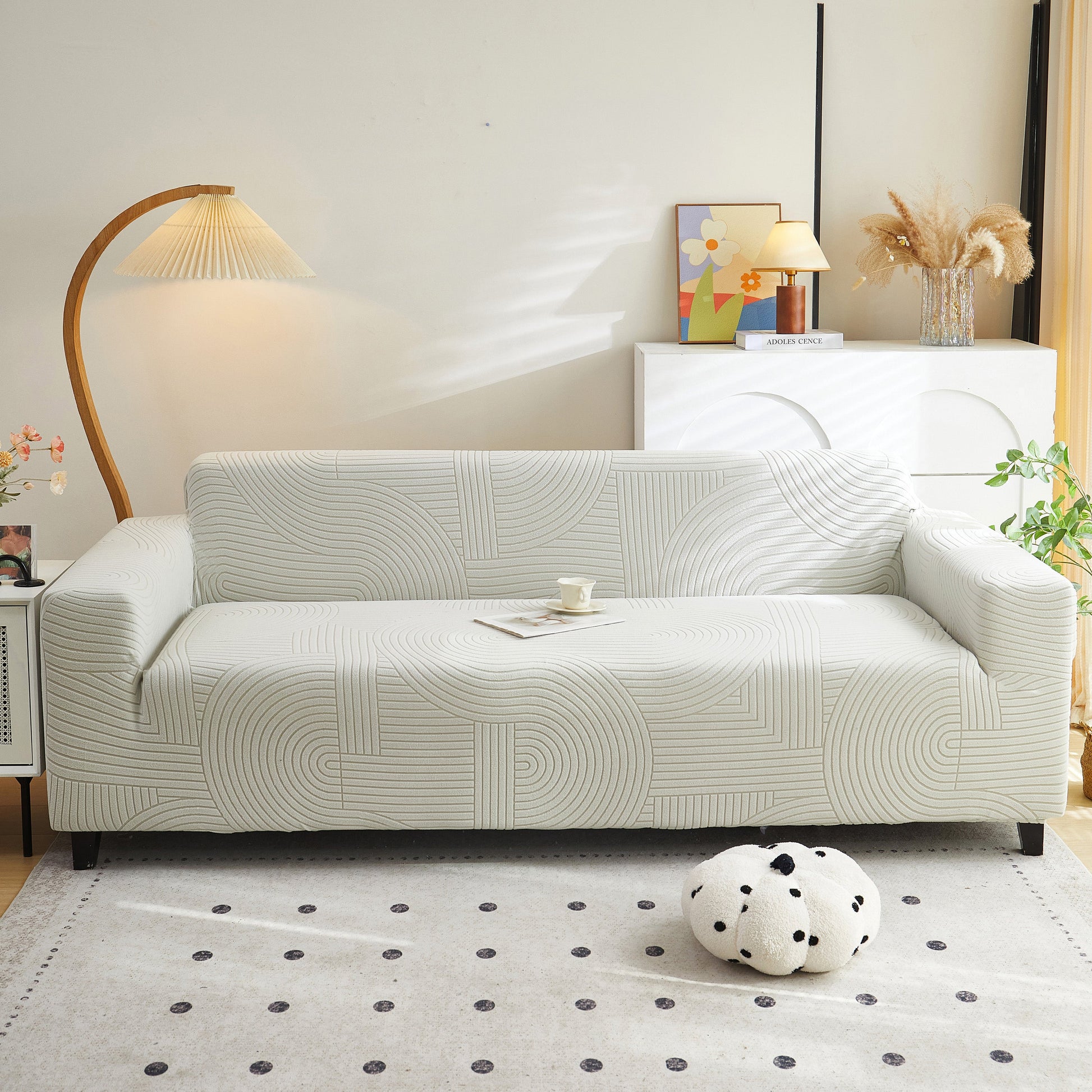 Fleece Stretch Sofa Slipcover Washable Soft Spandex Couch Cover Furniture Protector in a modern living room