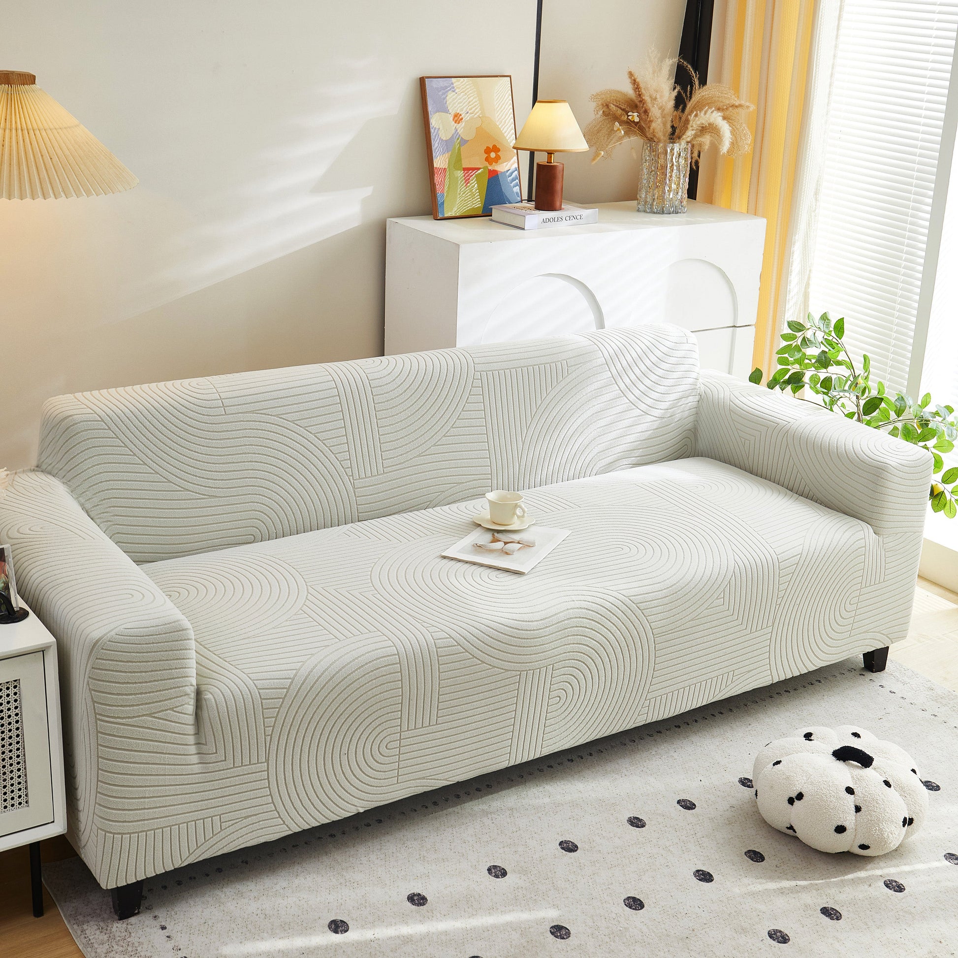 Fleece Stretch Sofa Slipcover Washable Soft Spandex Couch Cover Furniture Protector in modern living room setting