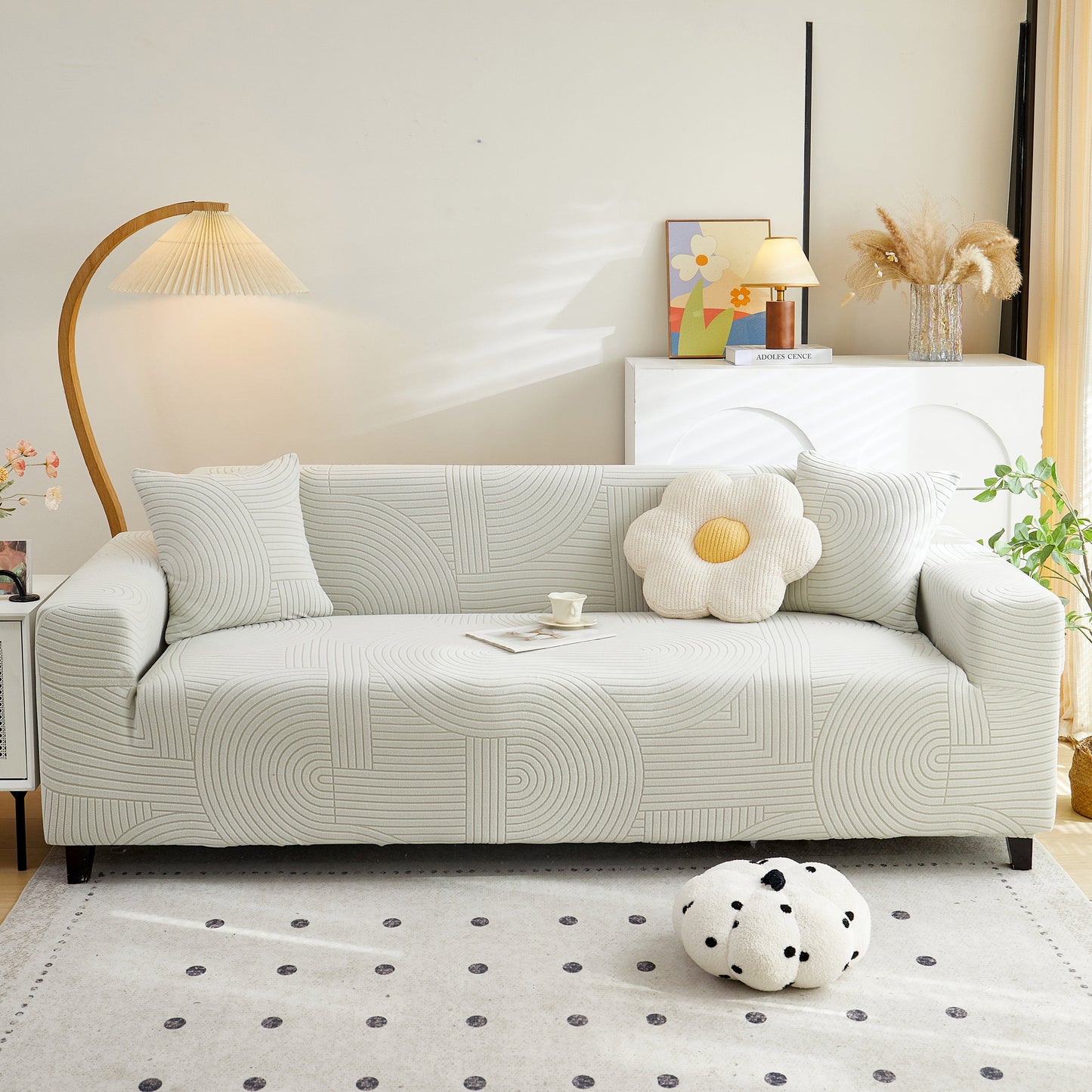 Modern living room with Fleece Stretch Sofa Slipcover Washable Soft Spandex Couch Cover Furniture Protector in geometric pattern.
