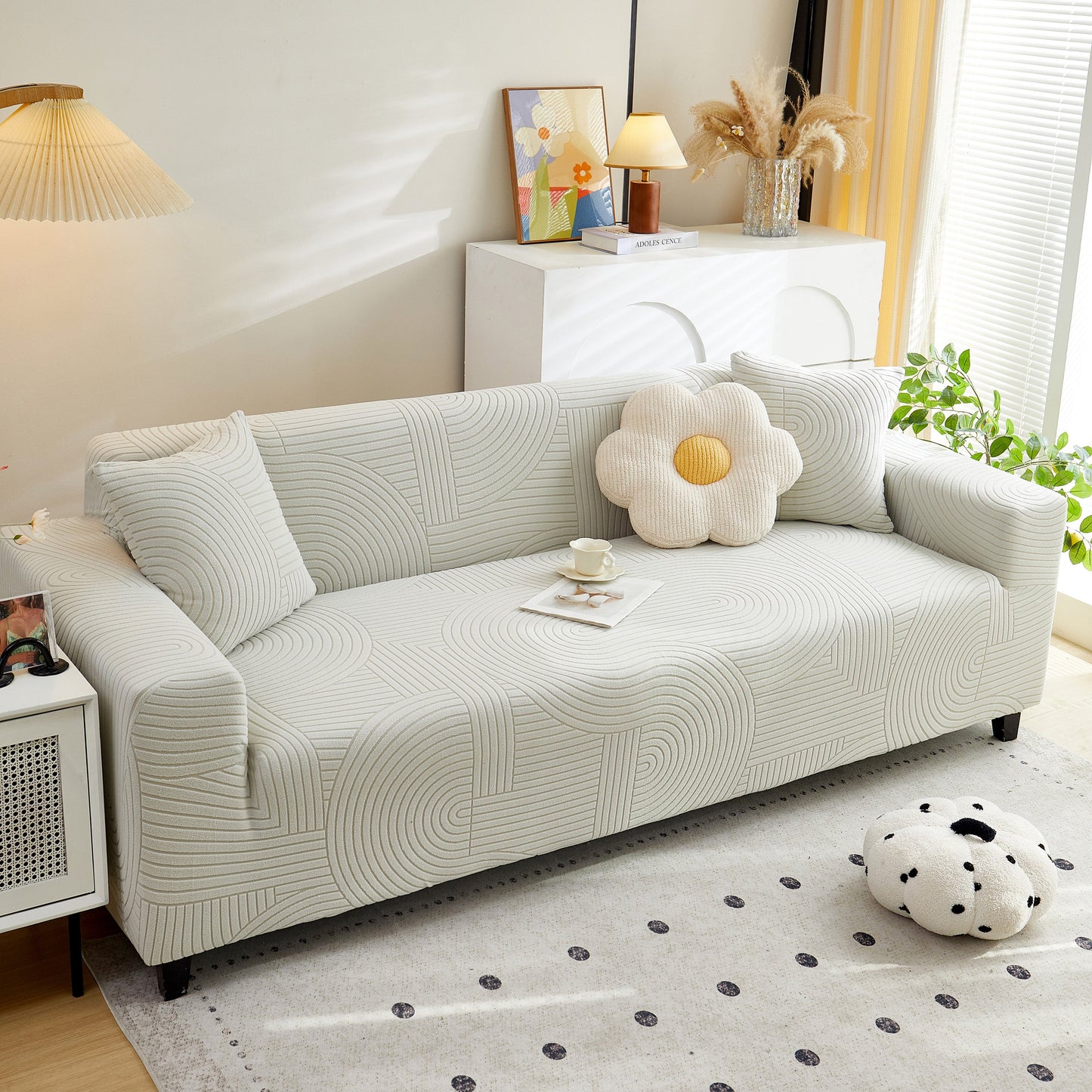 Living room with modern sofa featuring Fleece Stretch Sofa Slipcover Washable Soft Spandex Couch Cover Furniture Protector.