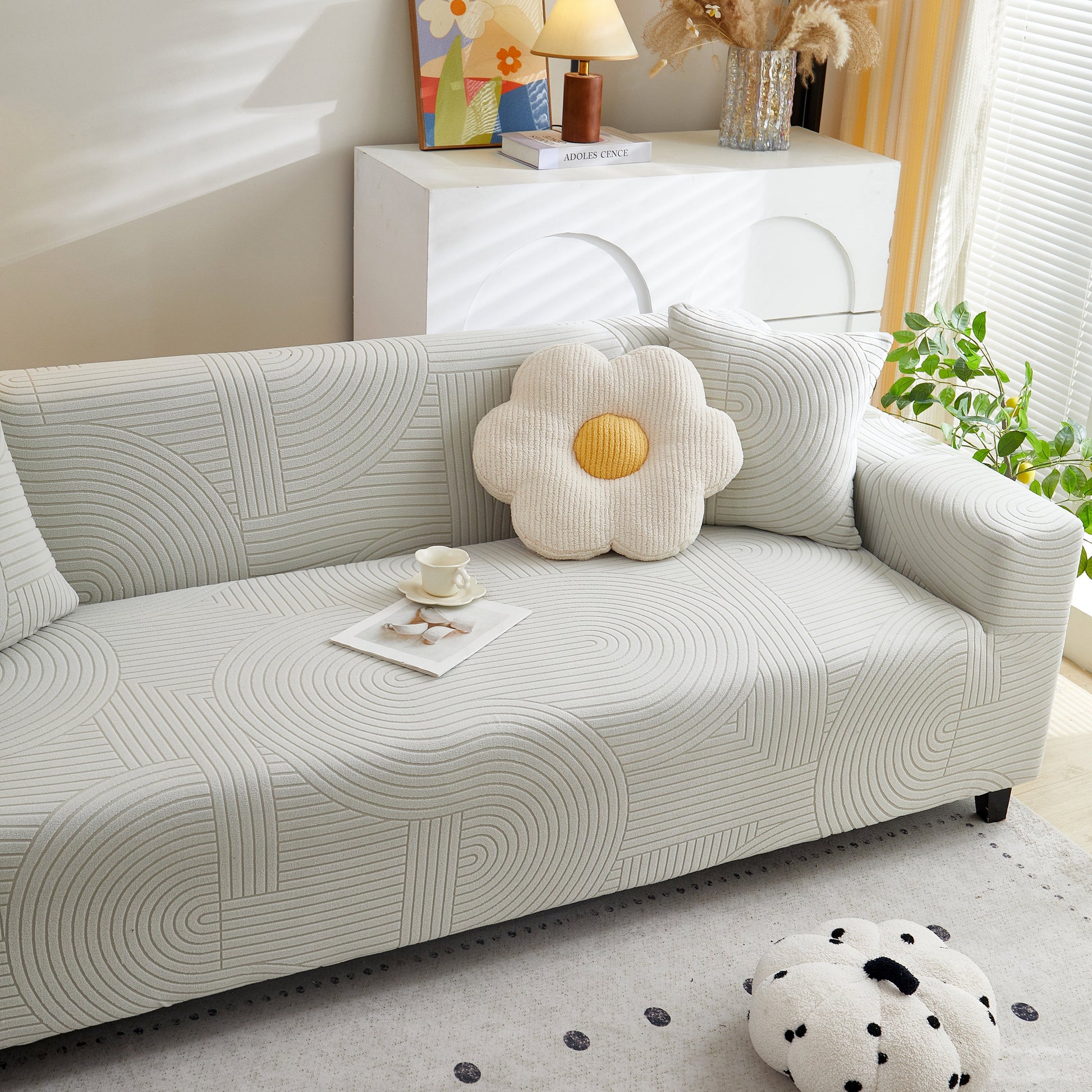 Fleece Stretch Sofa Slipcover Washable Soft Spandex Couch Cover Furniture Protector with geometric wave pattern on sofa
