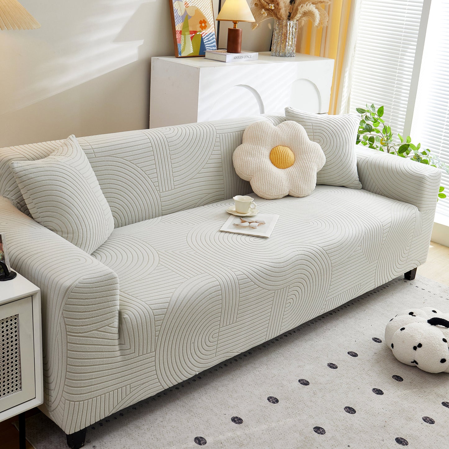 Fleece Stretch Sofa Slipcover Washable Soft Spandex Couch Cover Furniture Protector with geometric wave pattern