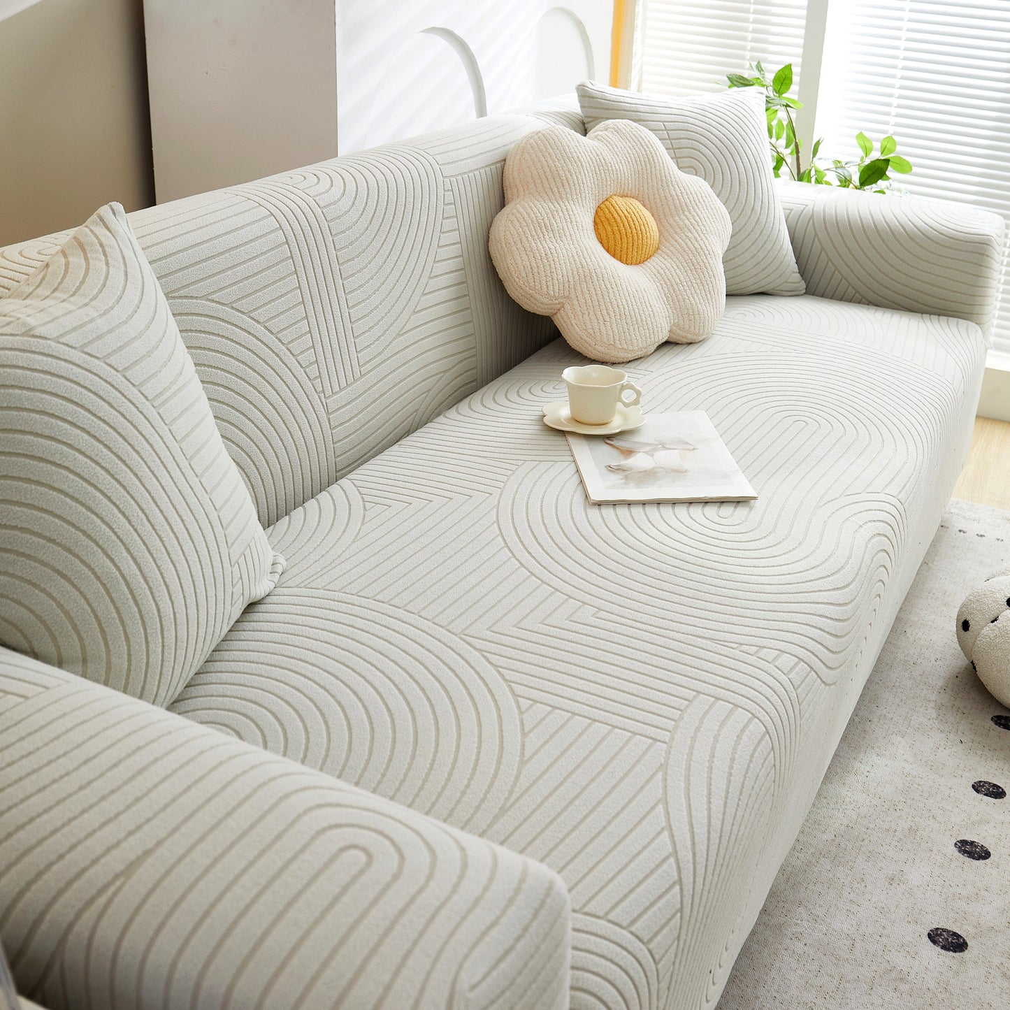 Fleece Stretch Sofa Slipcover Washable Soft Spandex Couch Cover Furniture Protector with geometric wave pattern