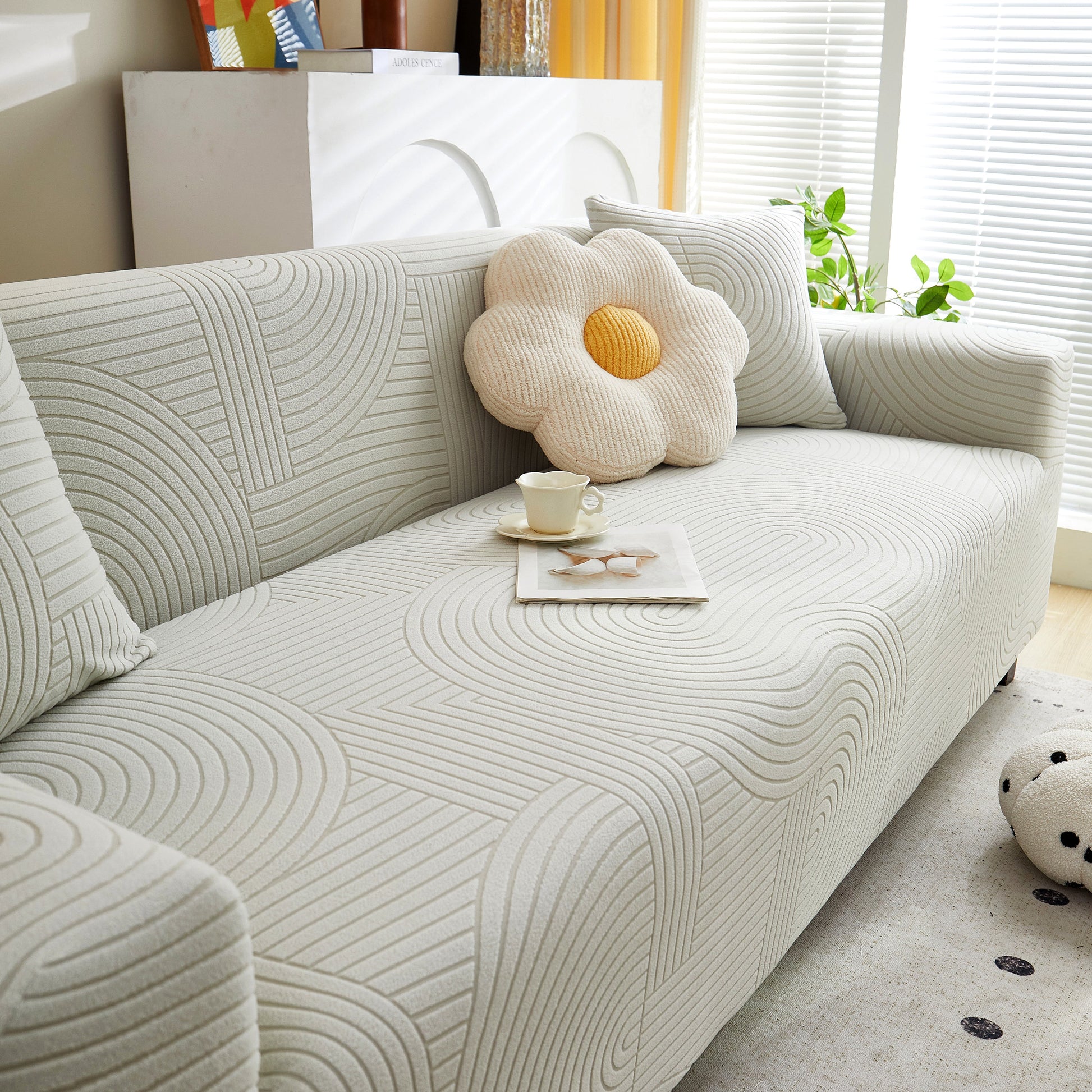 Fleece Stretch Sofa Slipcover Washable Soft Spandex Couch Cover Furniture Protector in modern geometric wave pattern.