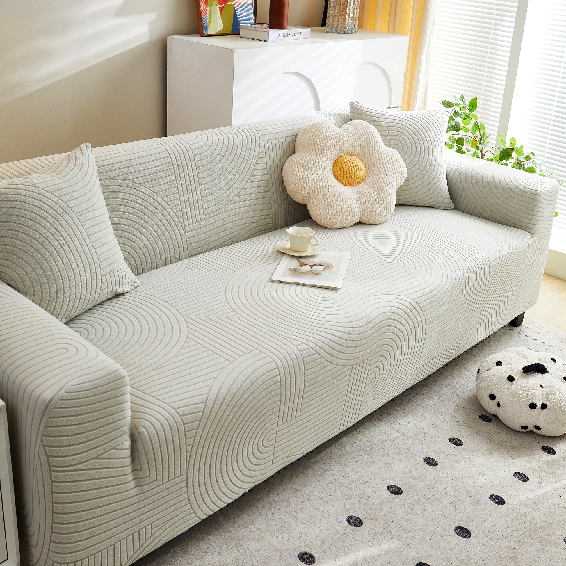 Fleece Stretch Sofa Slipcover Washable Soft Spandex Couch Cover Furniture Protector in geometric wave pattern on modern sofa.