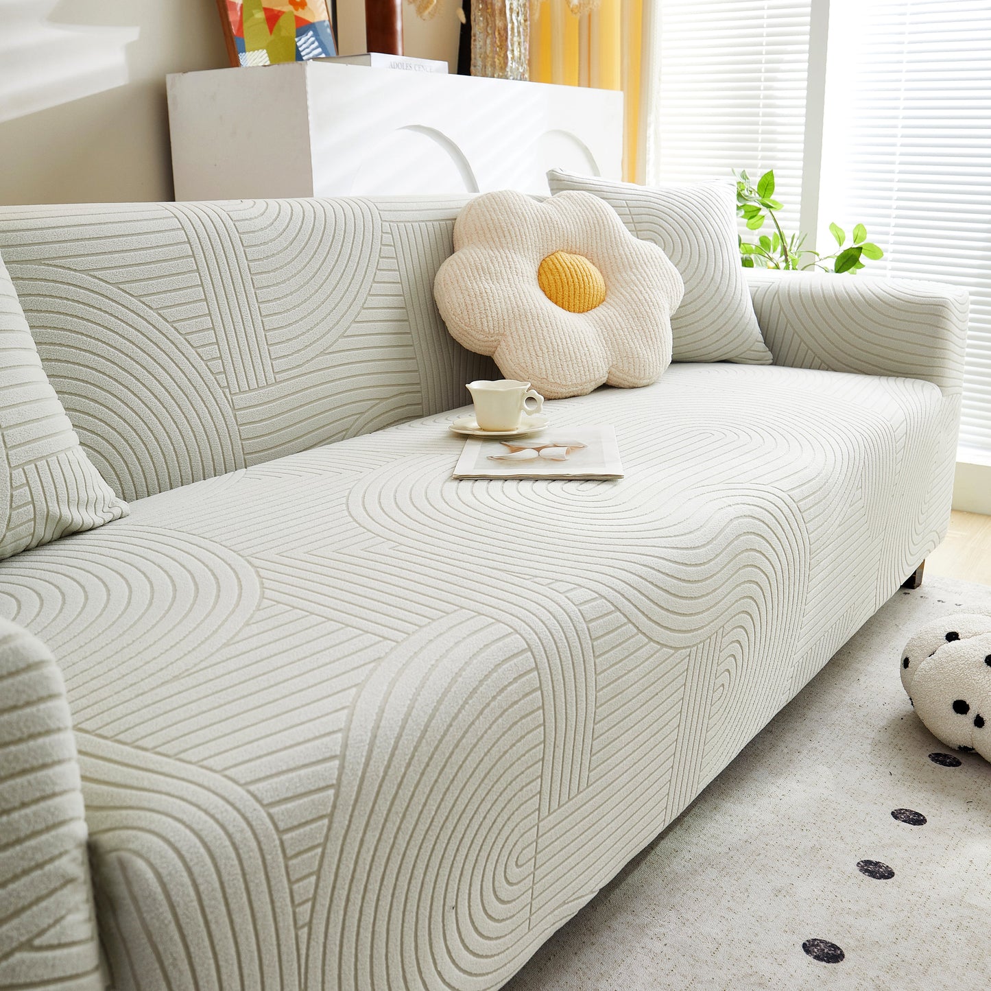 Fleece Stretch Sofa Slipcover Washable Soft Spandex Couch Cover Furniture Protector with geometric wave pattern in living room.