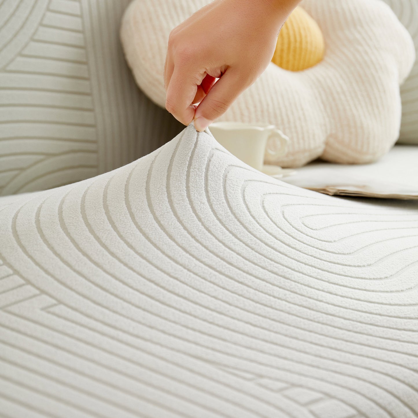 Close-up of Fleece Stretch Sofa Slipcover Washable Soft Spandex Couch Cover with geometric wave pattern