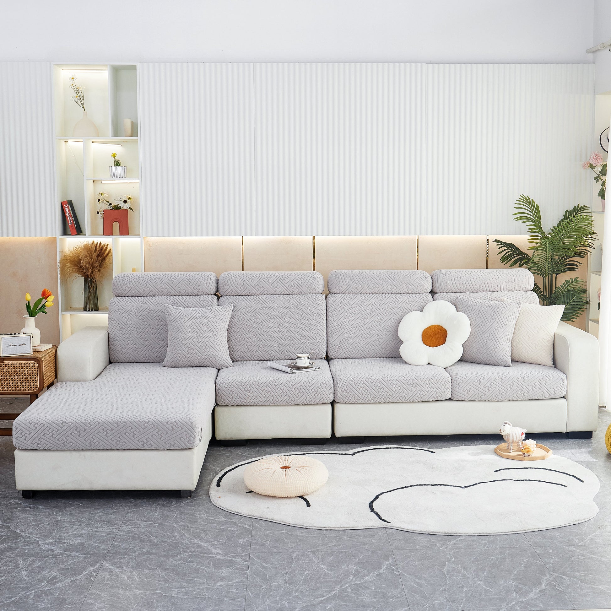 Polar Fleece Couch Cushion Covers on a stylish sofa, providing a comfortable and elastic furniture protector for pets and kids.
