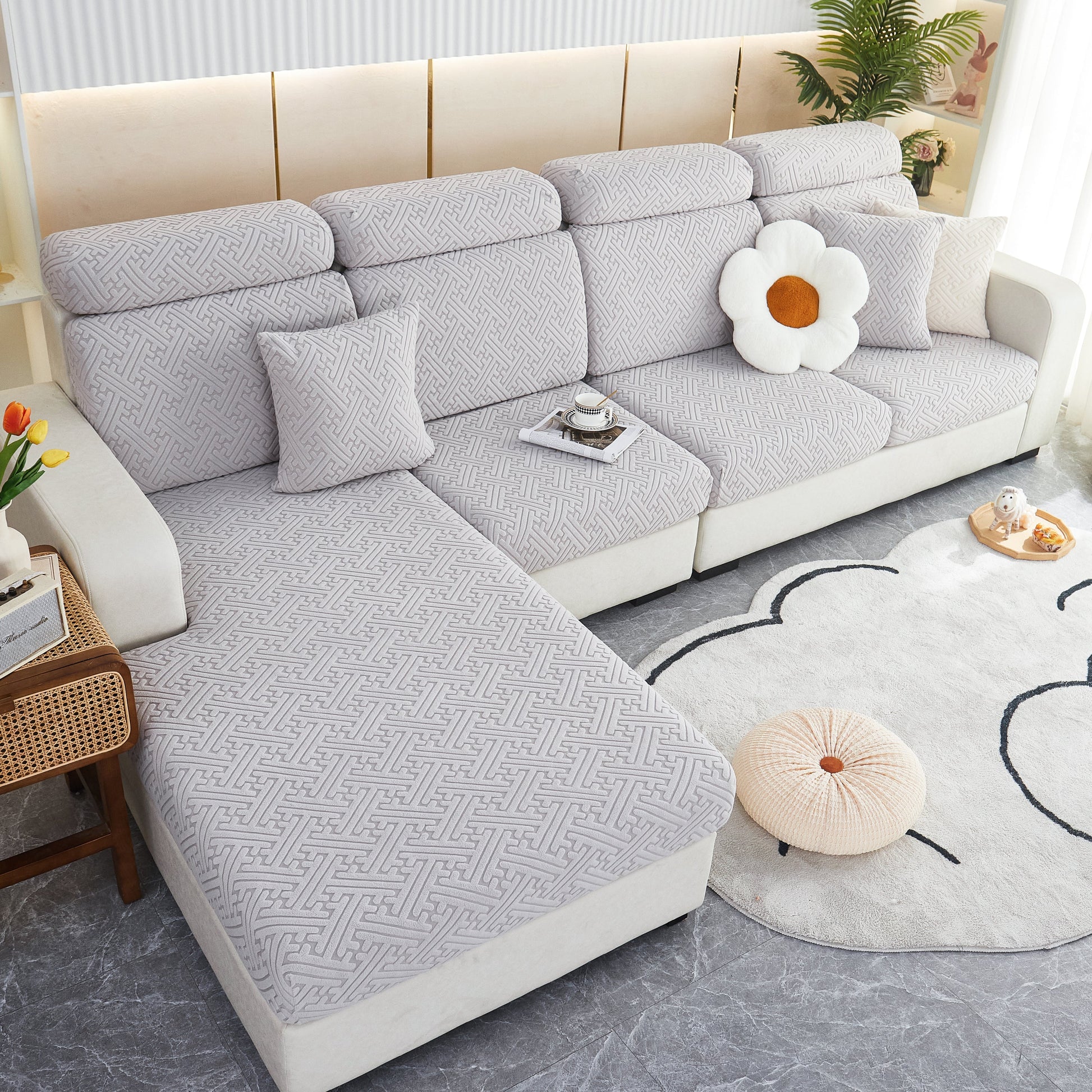 Polar Fleece Couch Cushion Covers, Stretch Sofa Seat Cushion Covers, Elastic Furniture Protector for Pets, Kid on a modern sofa