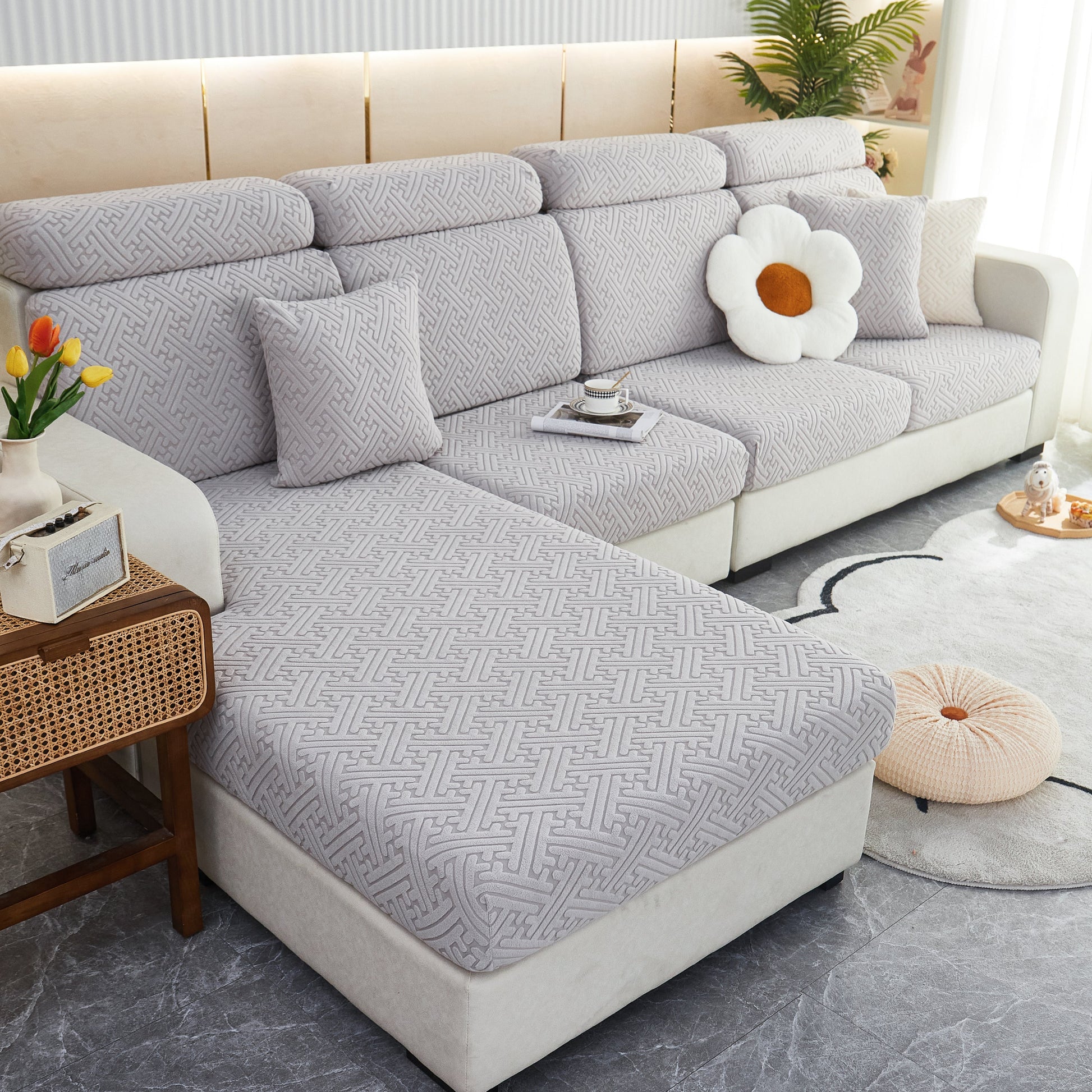 Polar Fleece Couch Cushion Covers, Stretch Sofa Seat Cushion Covers, Elastic Furniture Protector for Pets, Kid on a modern sofa