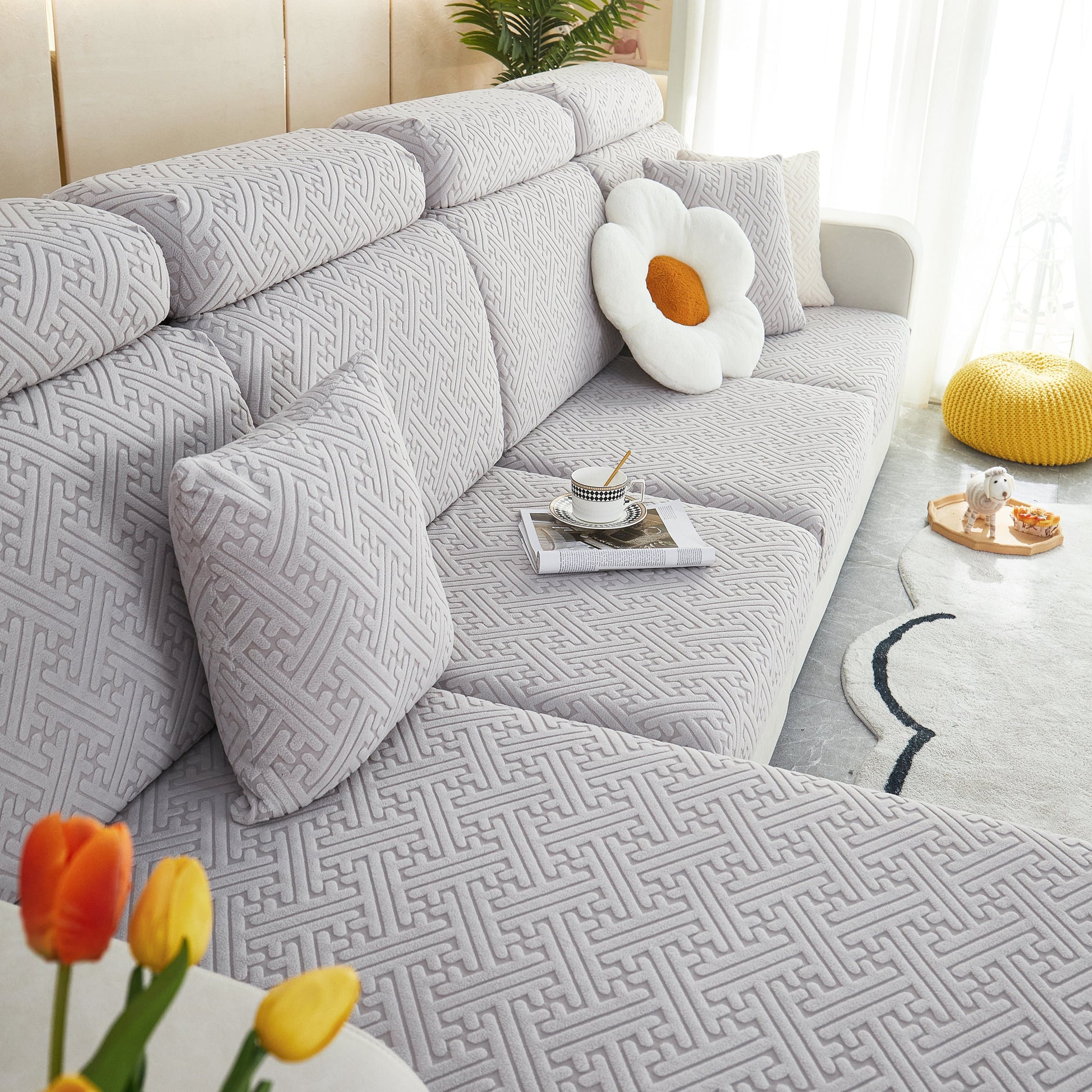 Cozy living room featuring Polar Fleece Couch Cushion Covers, Stretch Sofa Seat Cushion Covers, Elastic Furniture Protector for Pets, Kid.