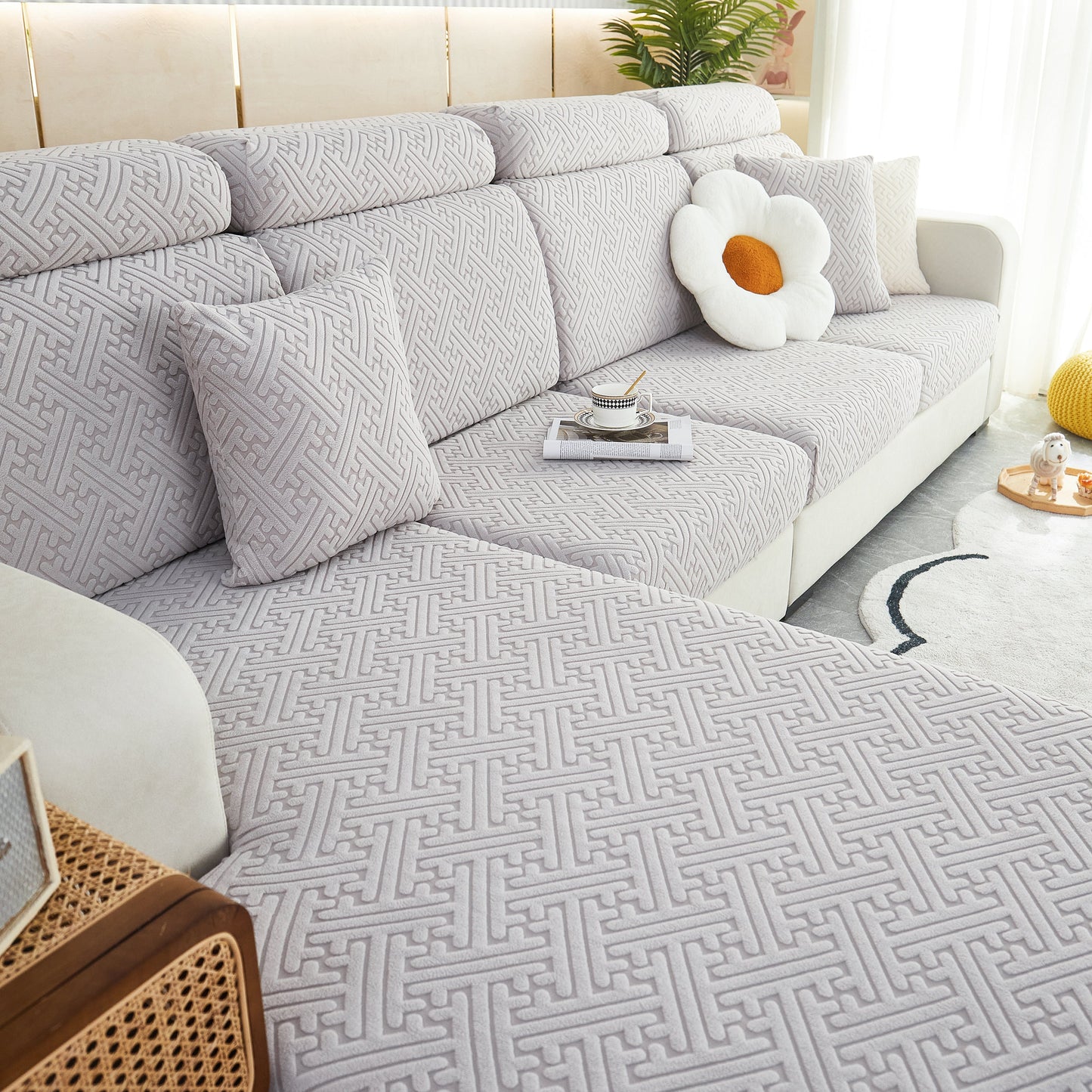 Polar Fleece Couch Cushion Covers, Stretch Sofa Seat Cushion Covers, Elastic Furniture Protector for Pets, Kid with geometric pattern