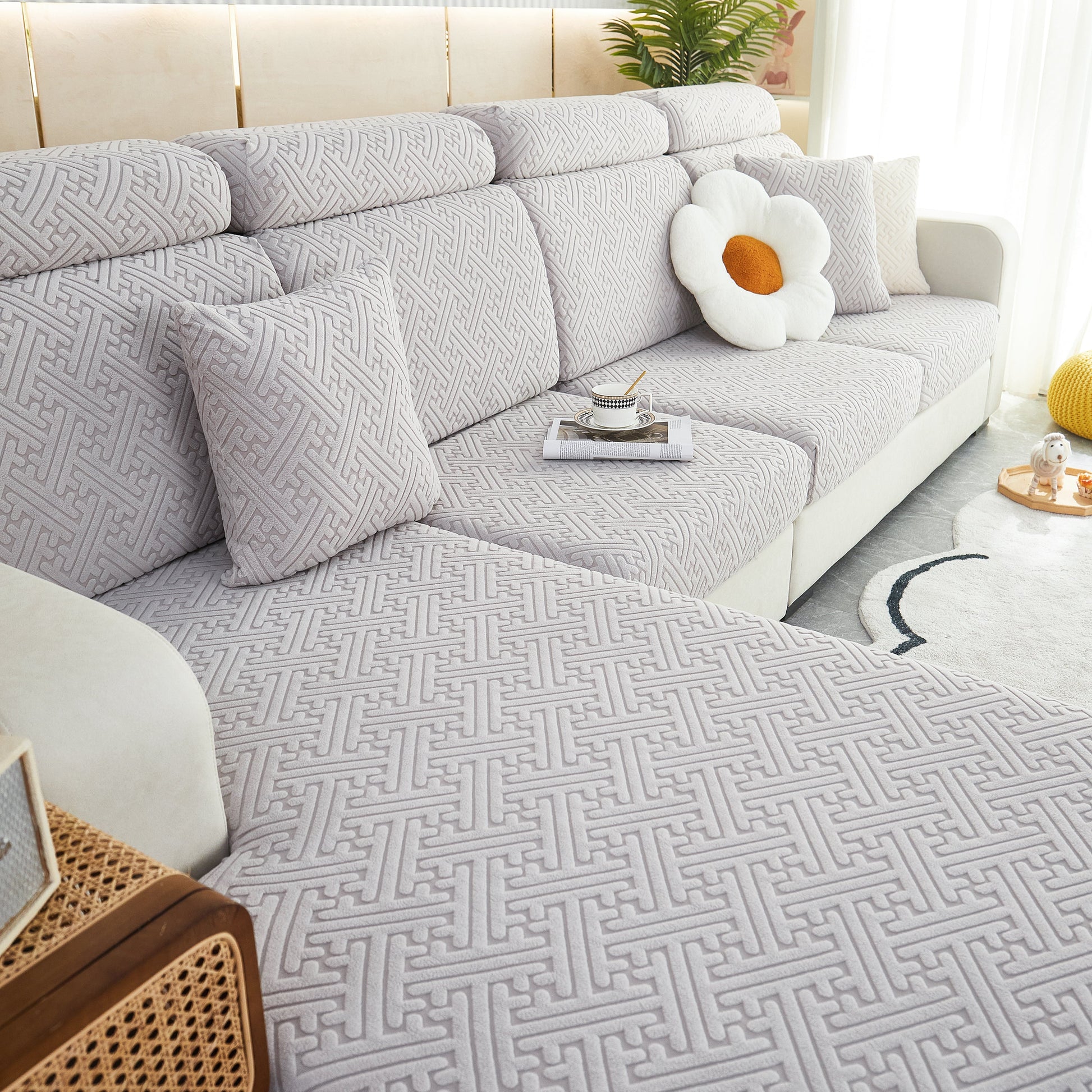 Polar Fleece Couch Cushion Covers, Stretch Sofa Seat Cushion Covers, Elastic Furniture Protector for Pets, Kid with geometric pattern