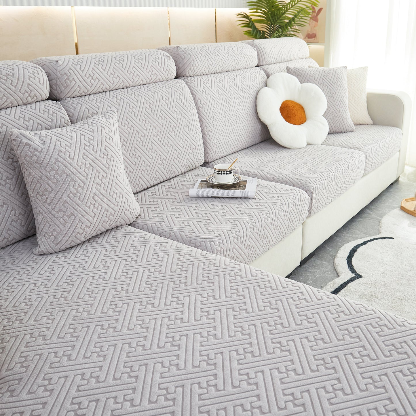 Polar Fleece Couch Cushion Covers, Stretch Sofa Seat Cushion Covers, Elastic Furniture Protector for Pets, Kid shown on stylish sofa