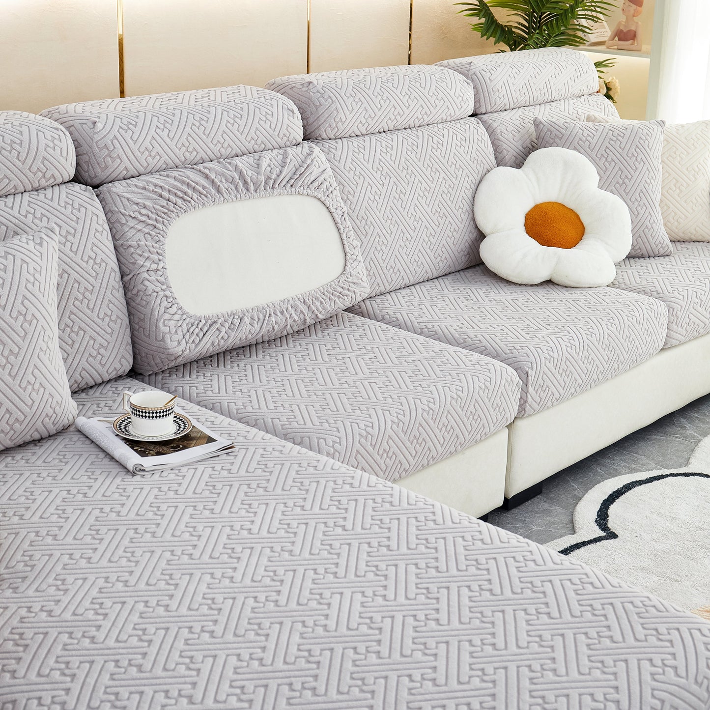 Polar Fleece Couch Cushion Covers, Stretch Sofa Seat Cushion Covers, Elastic Furniture Protector for Pets, Kid on modern sofa