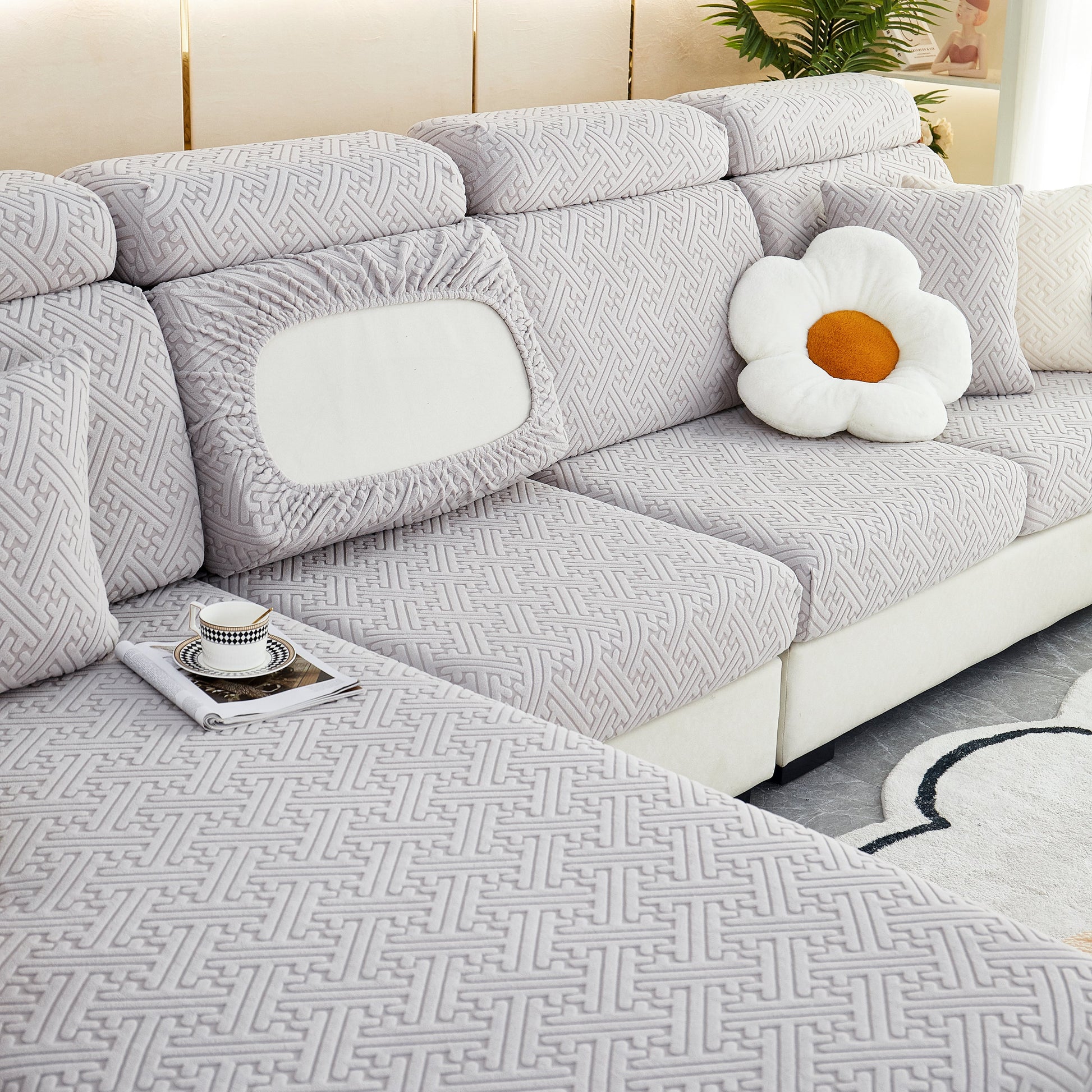 Polar Fleece Couch Cushion Covers, Stretch Sofa Seat Cushion Covers, Elastic Furniture Protector for Pets, Kid on modern sofa