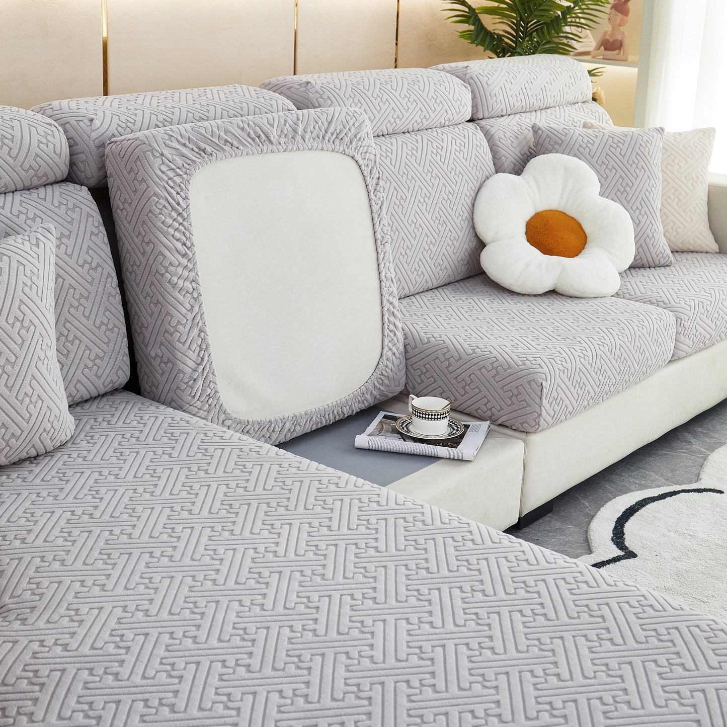 Polar Fleece Couch Cushion Covers, Stretch Sofa Seat Cushion Covers, Elastic Furniture Protector for Pets, Kid on stylish sofa
