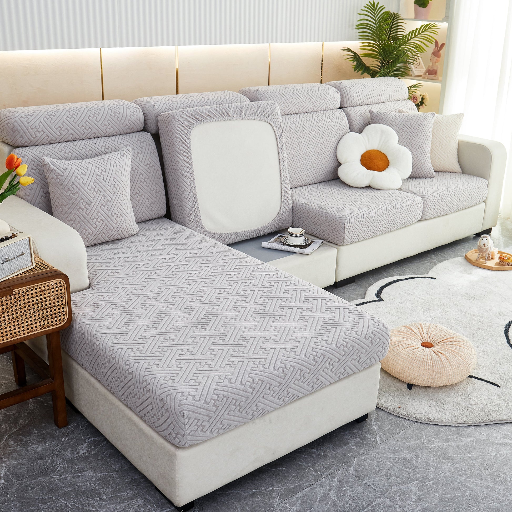 Polar Fleece Couch Cushion Covers, Stretch Sofa Seat Cushion Covers, Elastic Furniture Protector for Pets, Kid on modern couch.