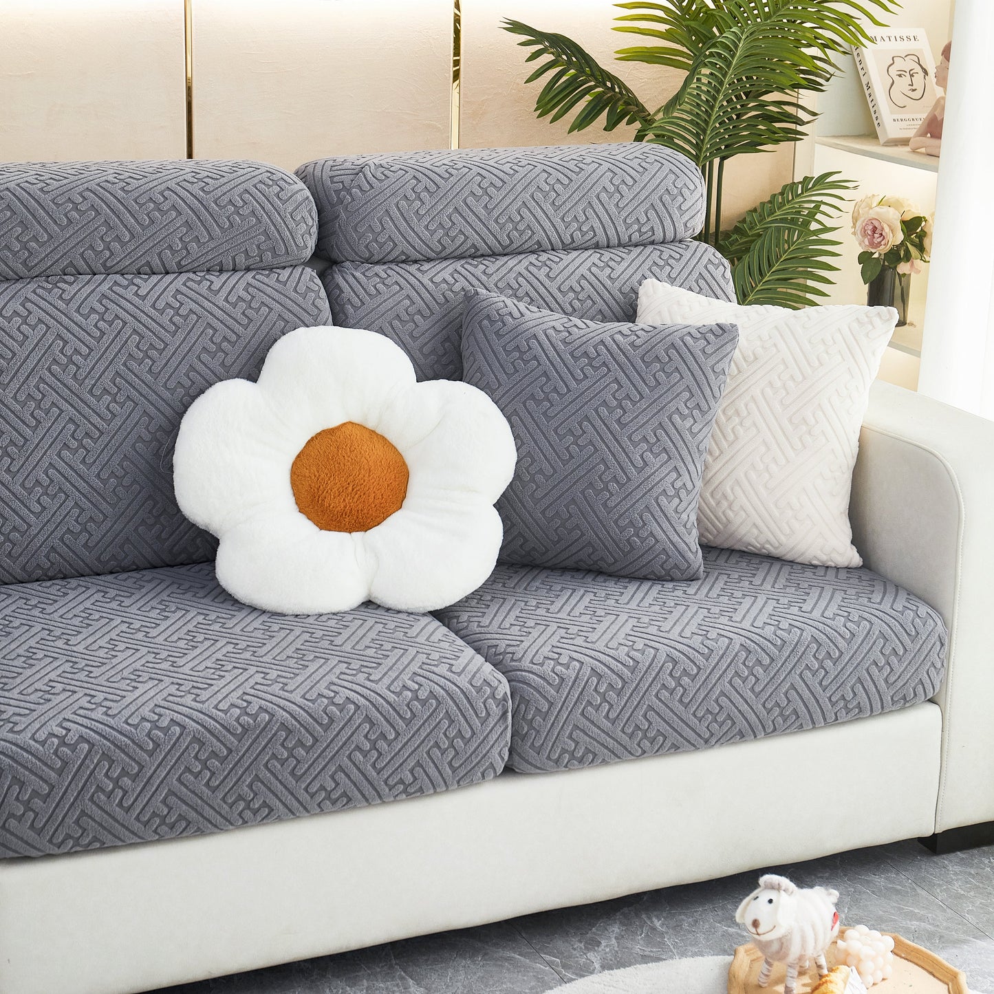 Polar Fleece Couch Cushion Covers, Stretch Sofa Seat Cushion Covers, Elastic Furniture Protector for Pets, Kid on a modern couch