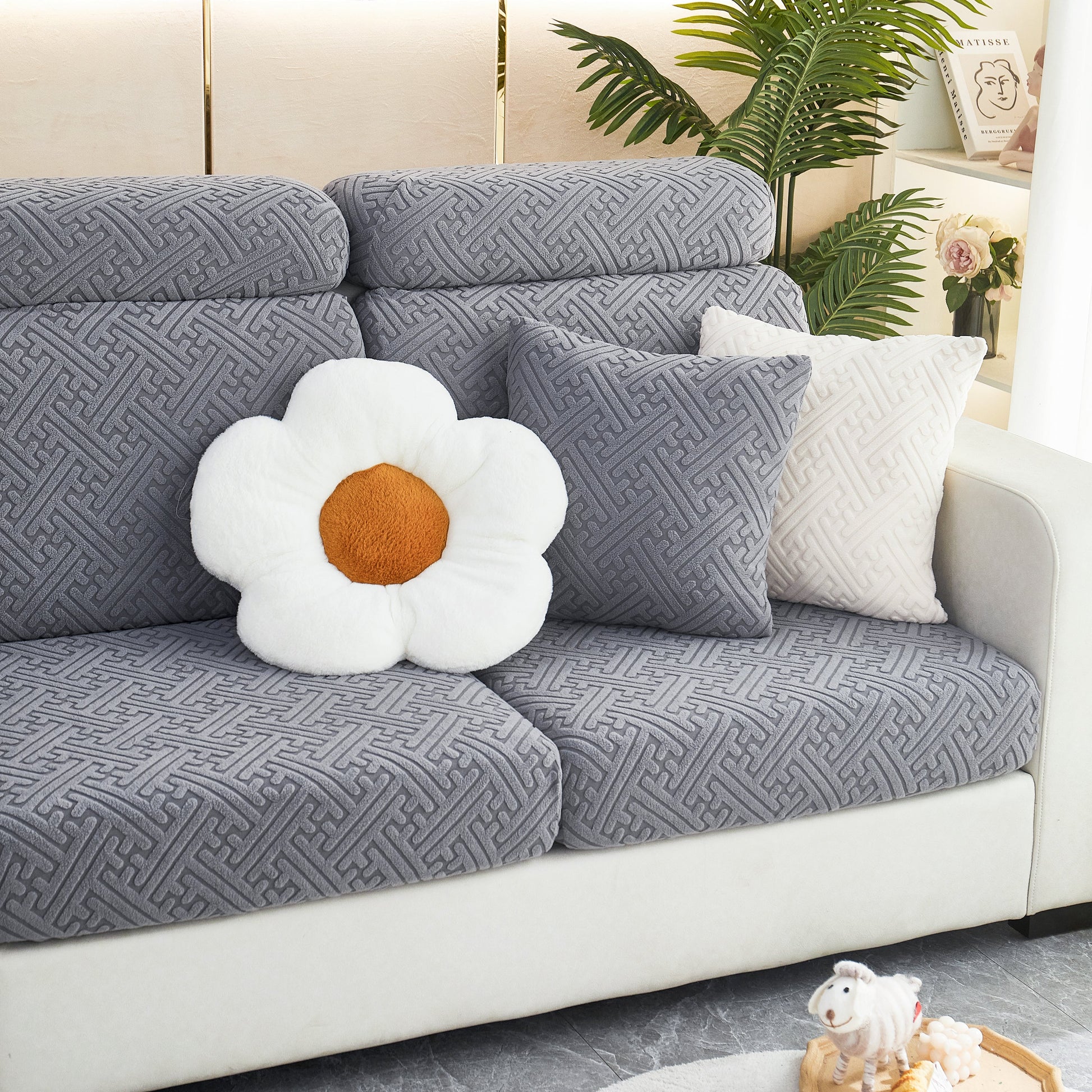 Polar Fleece Couch Cushion Covers, Stretch Sofa Seat Cushion Covers, Elastic Furniture Protector for Pets, Kid on a modern couch