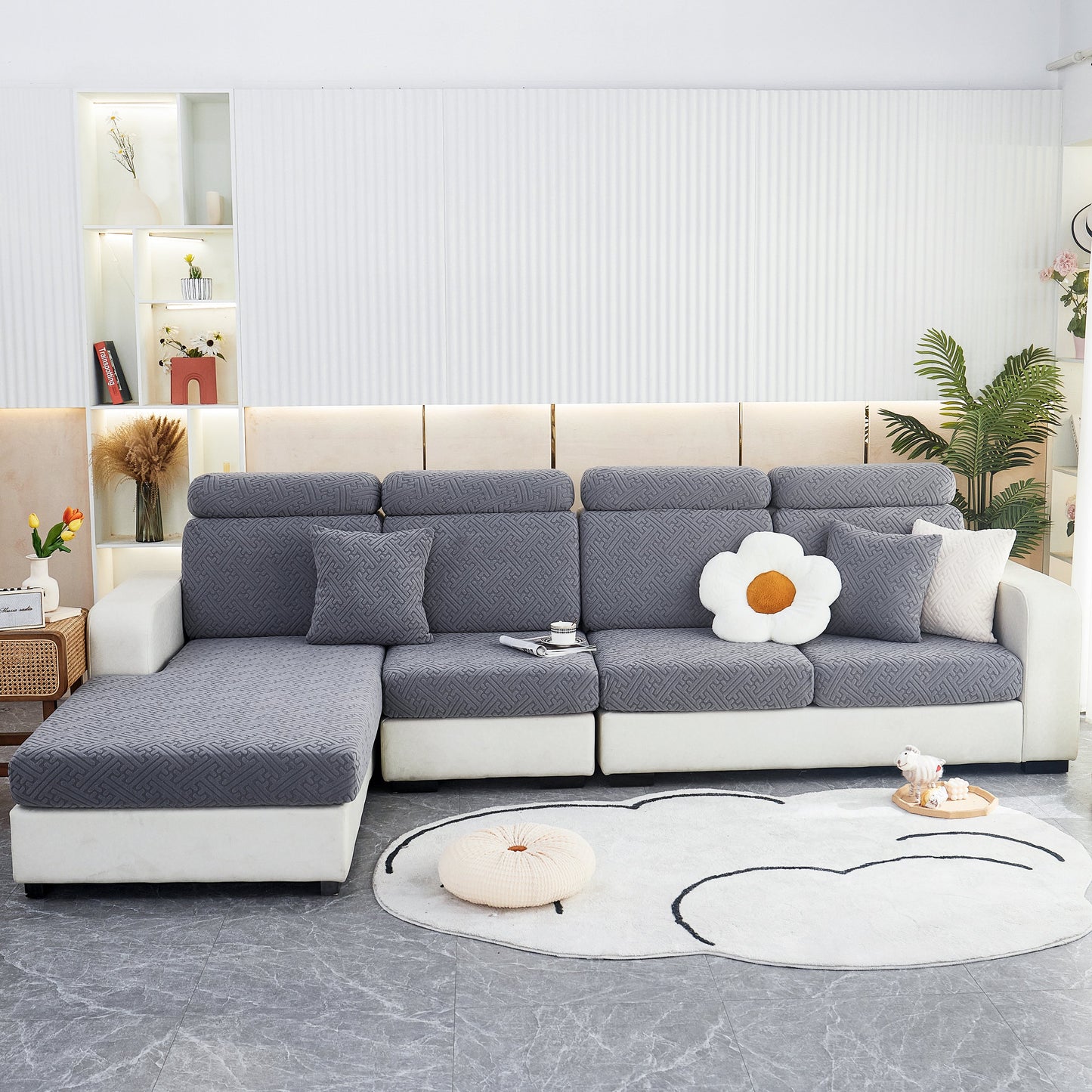 Polar Fleece Couch Cushion Covers on modern sectional sofa in stylish living room setting.