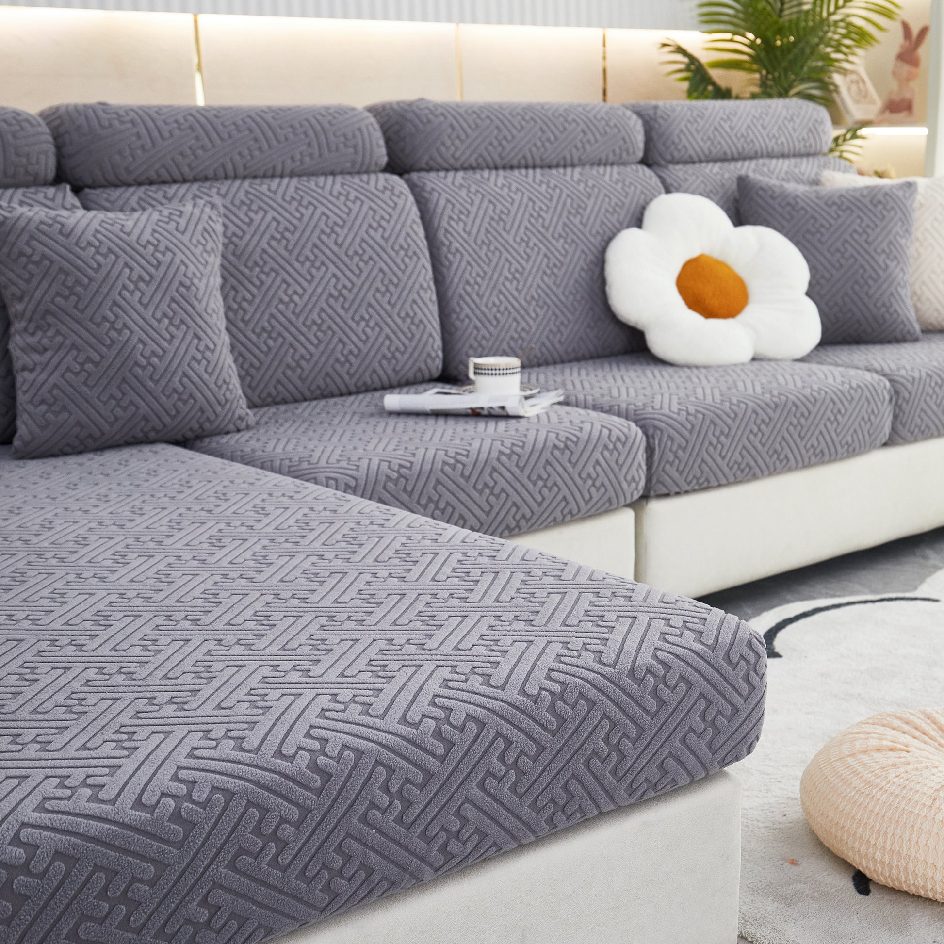 Polar Fleece Couch Cushion Covers, Stretch Sofa Seat Cushion Covers, Elastic Furniture Protector for Pets, Kid in gray pattern