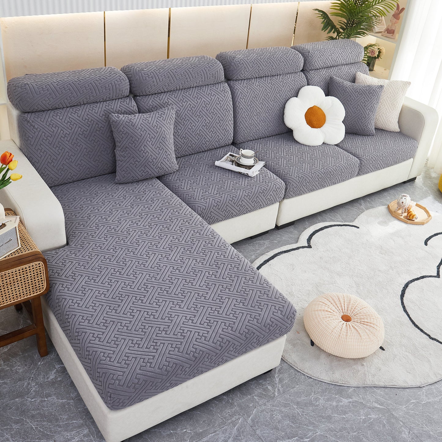 Polar Fleece Couch Cushion Covers, Stretch Sofa Seat Cushion Covers, Elastic Furniture Protector for Pets, Kid on modern sofa