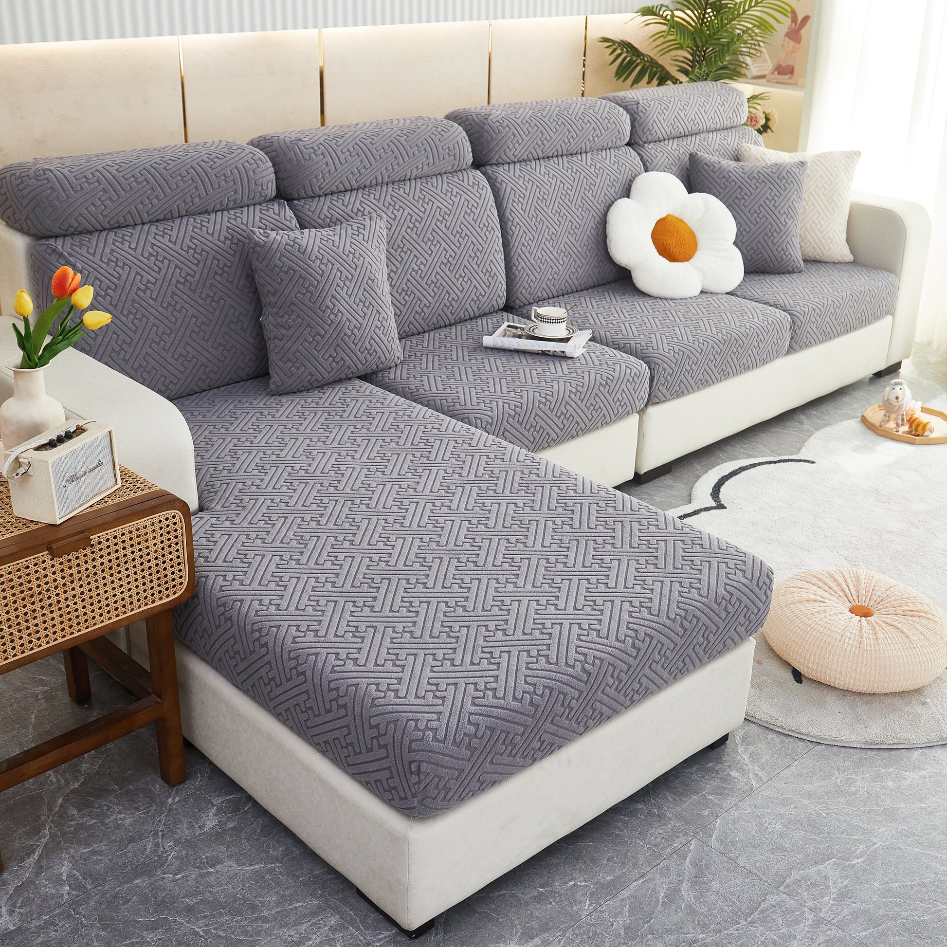 Living room with Polar Fleece Couch Cushion Covers, Stretch Sofa Seat Cushion Covers, Elastic Furniture Protector for Pets, Kid.
