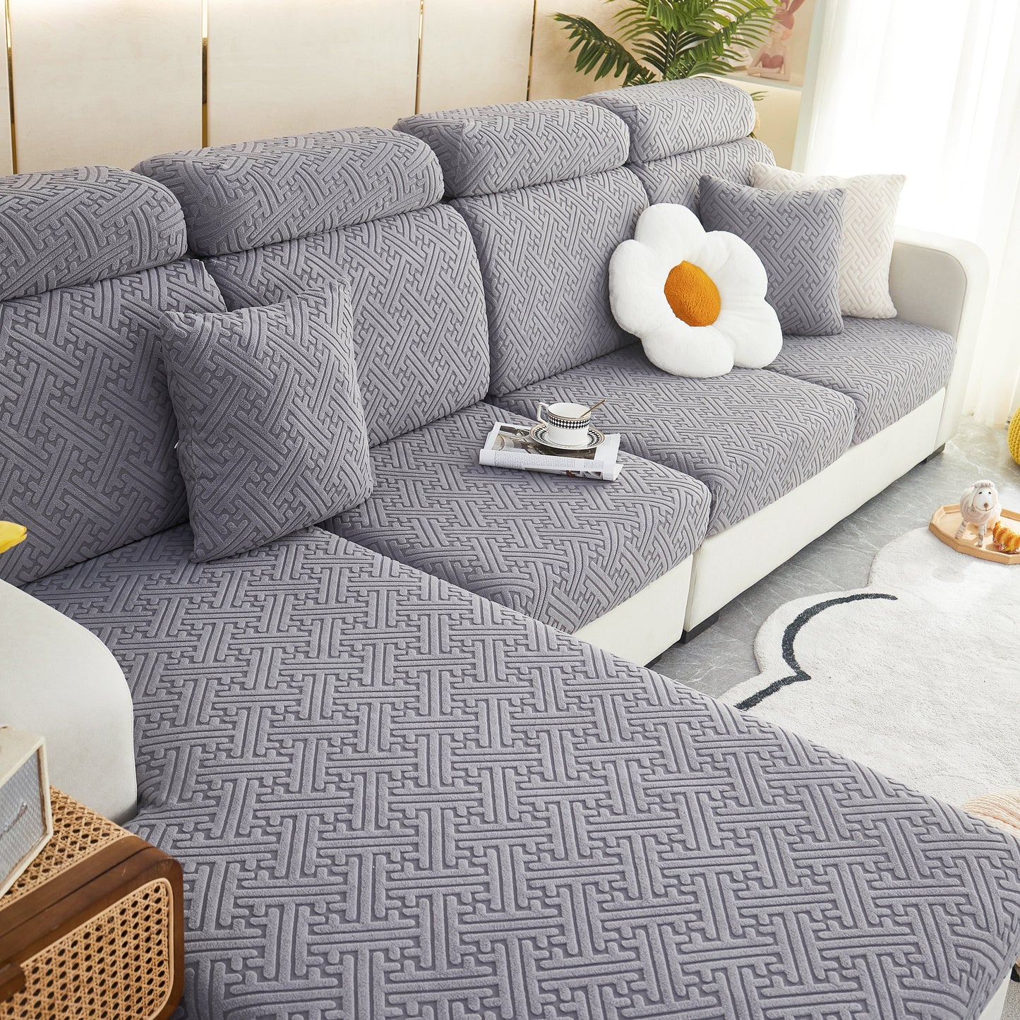 Polar Fleece Couch Cushion Covers, Stretch Sofa Seat Cushion Covers, Elastic Furniture Protector for Pets, Kid on stylish sofa