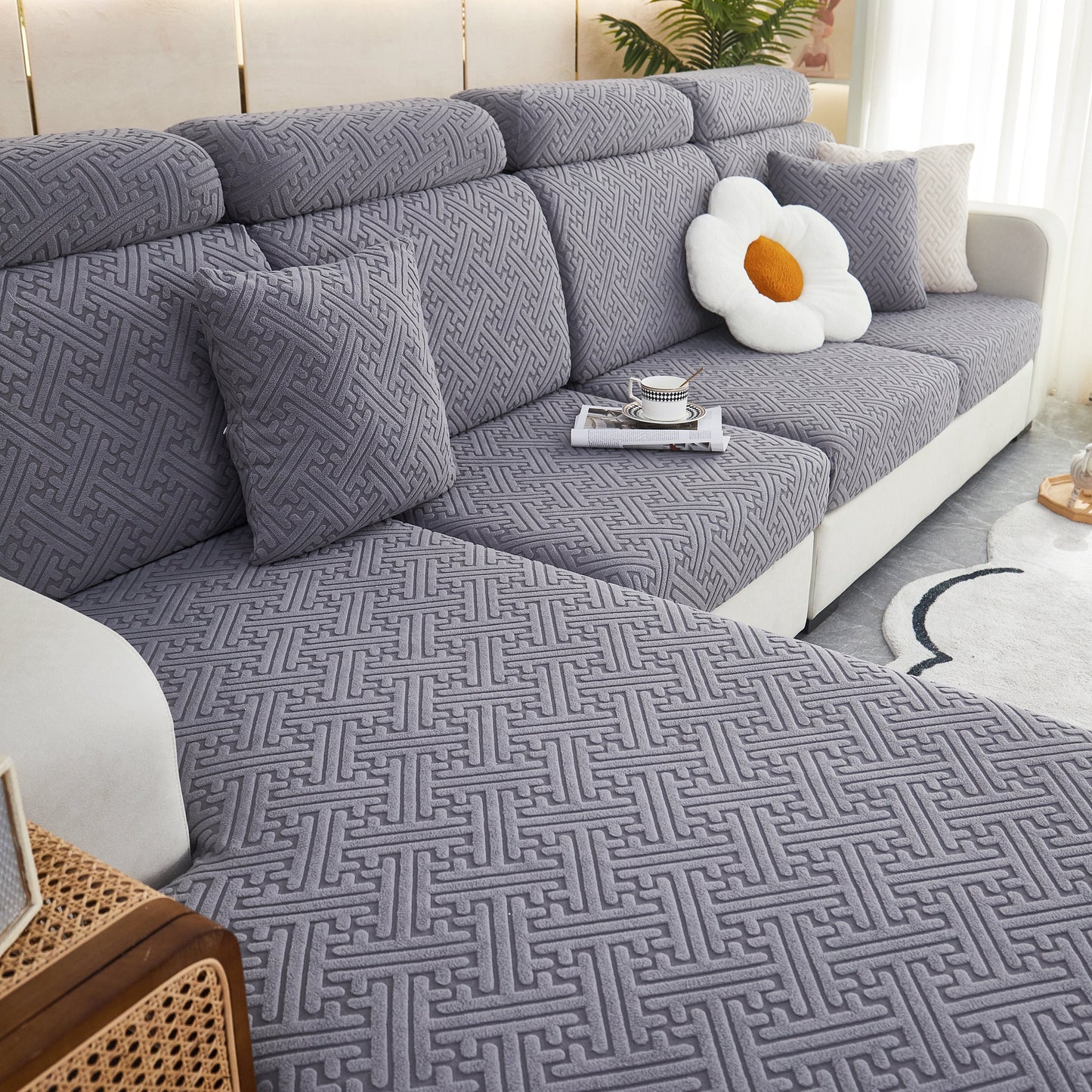 Polar Fleece Couch Cushion Covers, Stretch Sofa Seat Cushion Covers, Elastic Furniture Protector for Pets, Kid on modern sofa