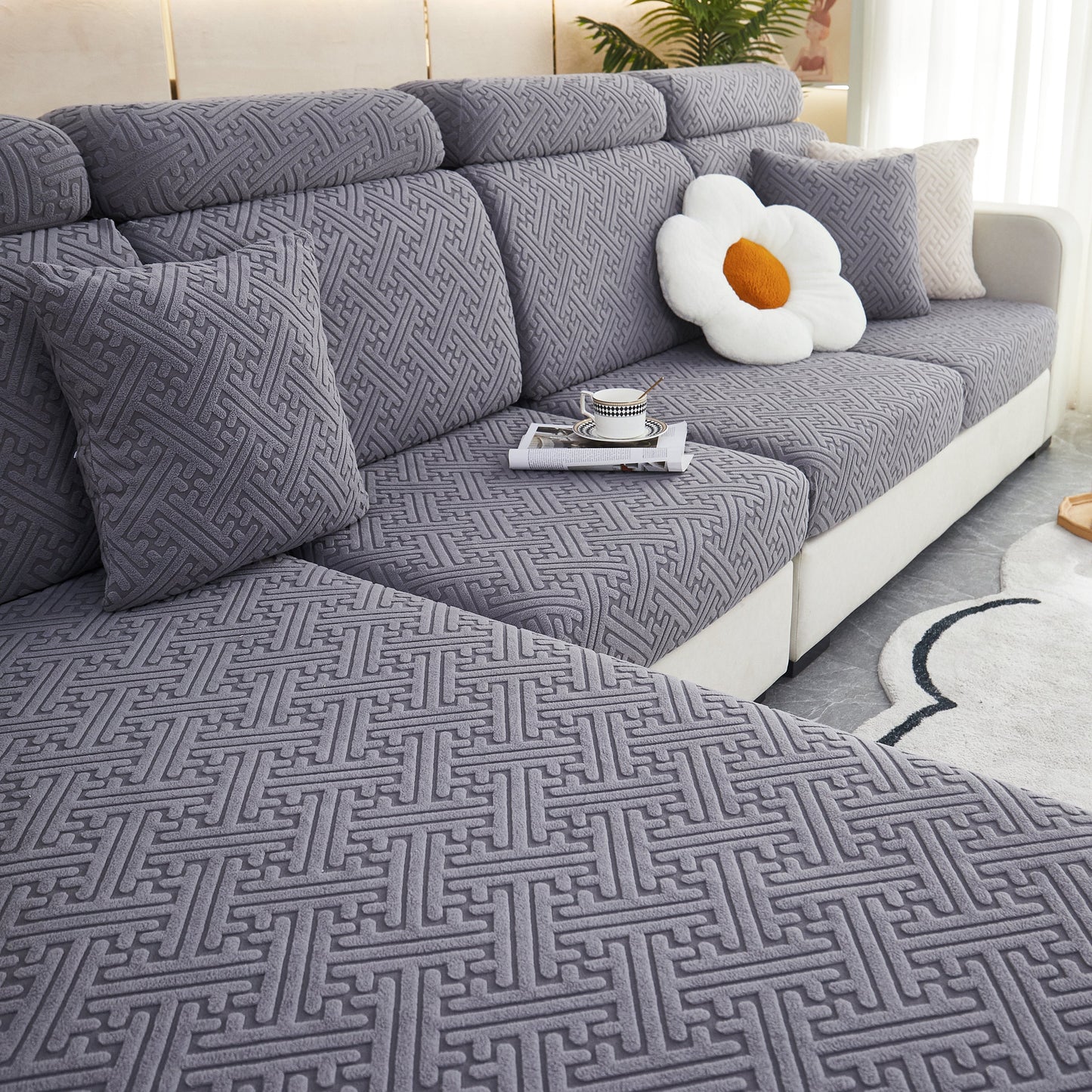 Polar Fleece Couch Cushion Covers, Stretch Sofa Seat Cushion Covers, Elastic Furniture Protector for Pets, Kid on modern sofa
