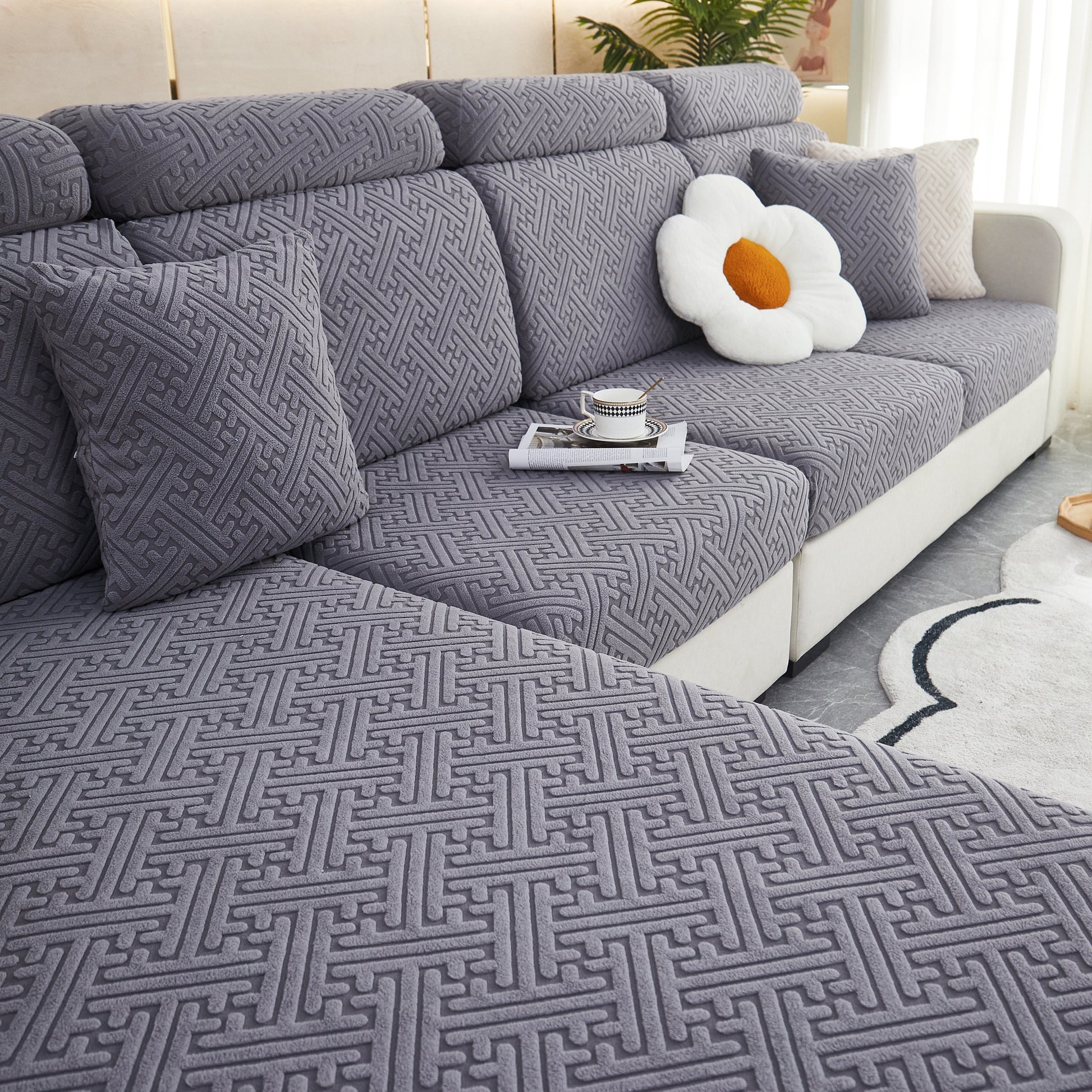 Polar Fleece Couch Cushion Covers, Stretch Sofa Seat Cushion Covers, Elastic Furniture Protector for Pets, Kid on modern sofa
