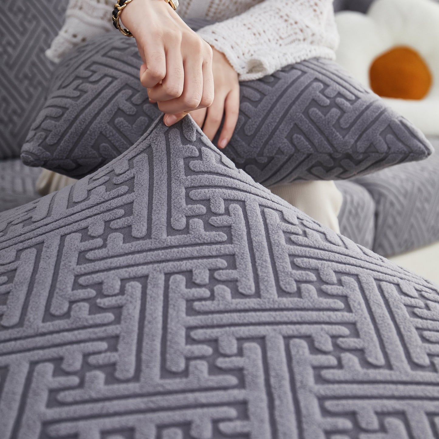 Polar Fleece Couch Cushion Covers, Stretch Sofa Seat Cushion Covers, Elastic Furniture Protector for Pets, Kid in grey texture