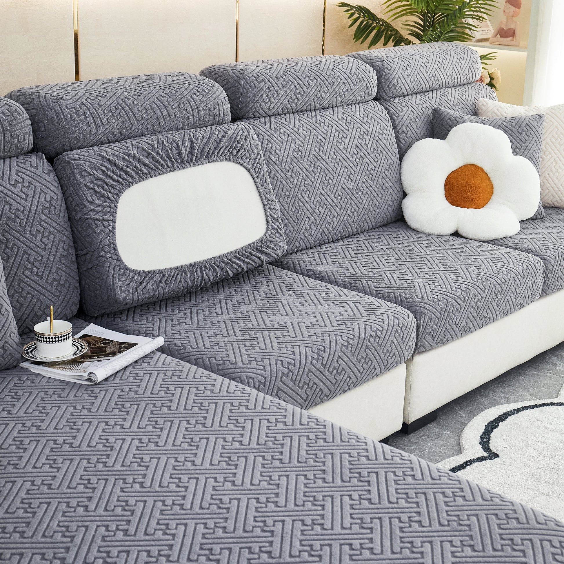 Polar Fleece Couch Cushion Covers, Stretch Sofa Seat Cushion Covers, Elastic Furniture Protector for Pets, Kid, featuring stylish design.